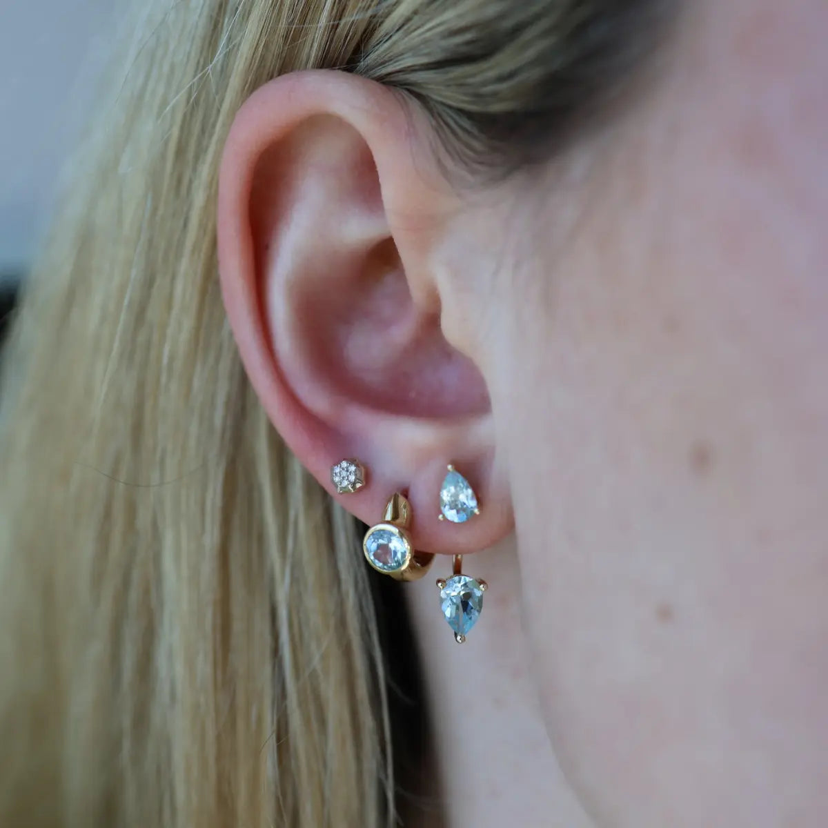 Mama Bijoux Fine Jewelry 14k yellow gold Light Blue Topaz Pear Shaped Double Studs
