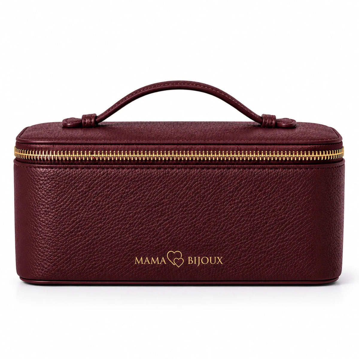 Mama Bijoux luxury jewelry travel case in deep maroon pebbled genuine leather with gold zipper, carrying handle, and signature logo.