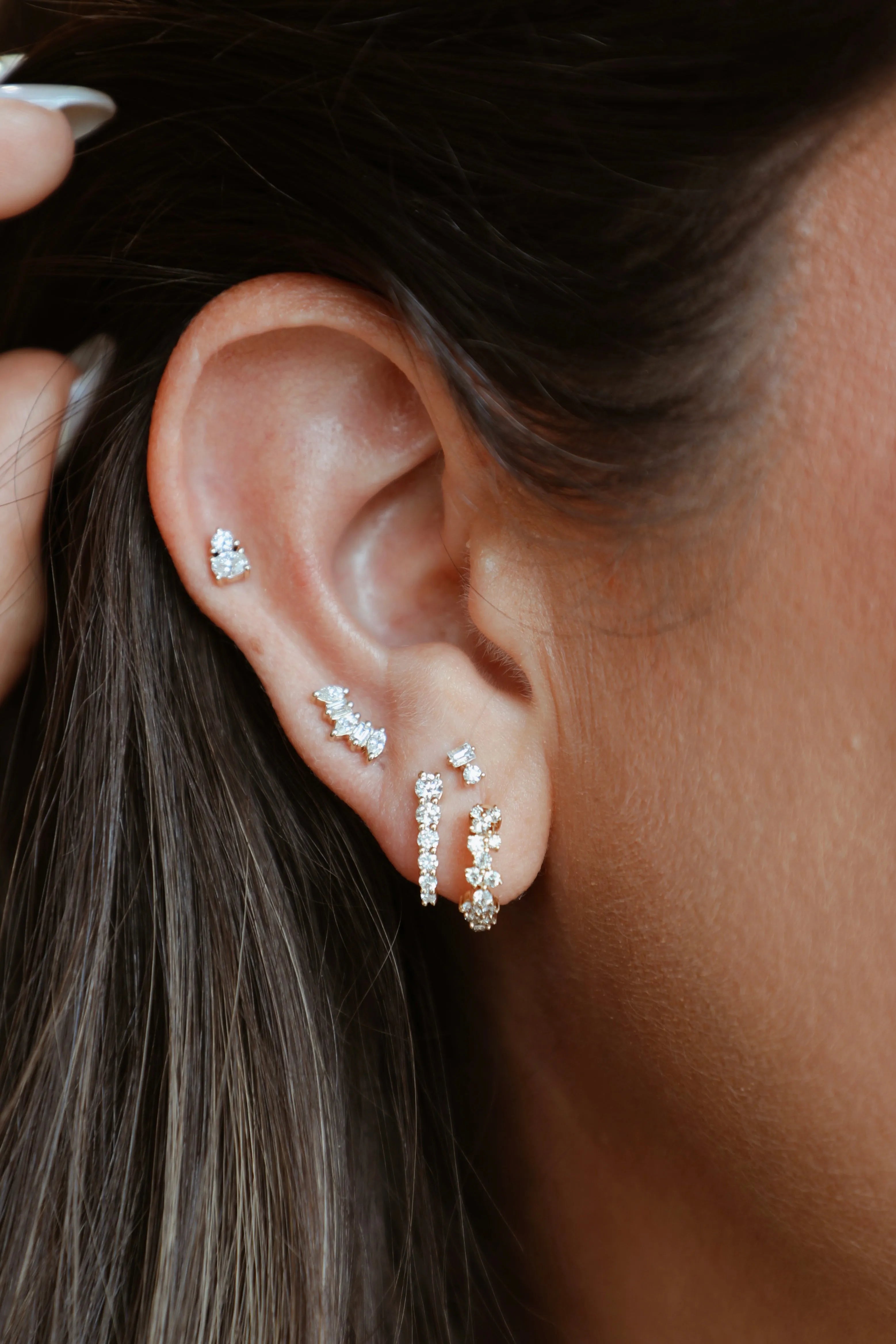 Mini Baguette & Round Diamond Studs (Flat Back Sold as Singles) — Earrings — Mama Bijoux fine jewelry