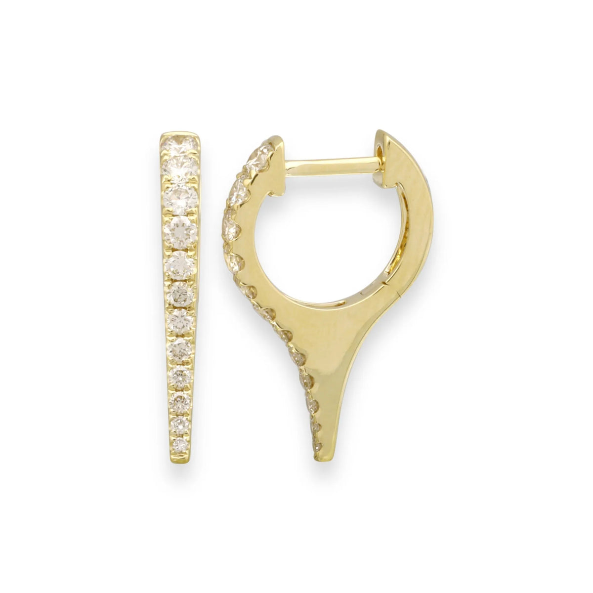 Mini Bijoux Dagger Diamond Huggie Earrings in 14k yellow gold with .45ct round white diamonds โ Mama Bijoux fine jewelry