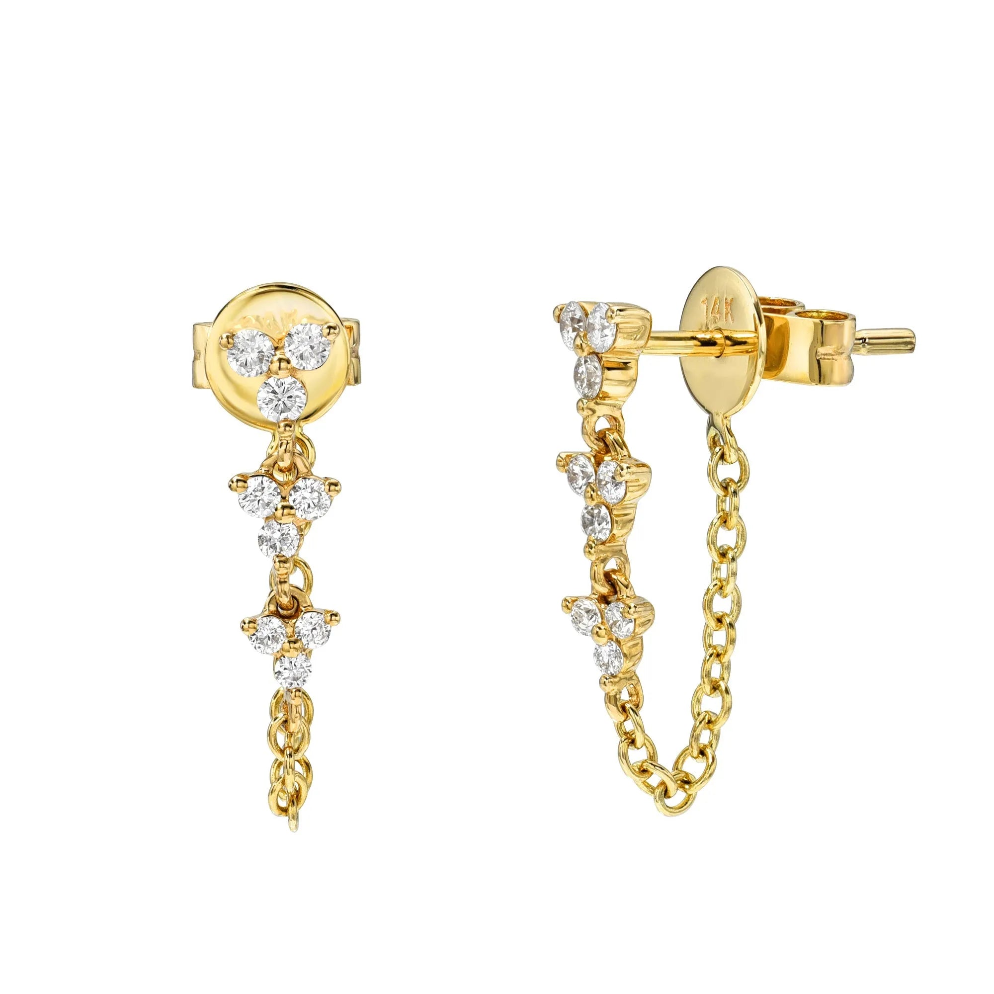 Mini Diamond Trio Drop Chain Stud — Earrings — Mama Bijoux fine jewelry