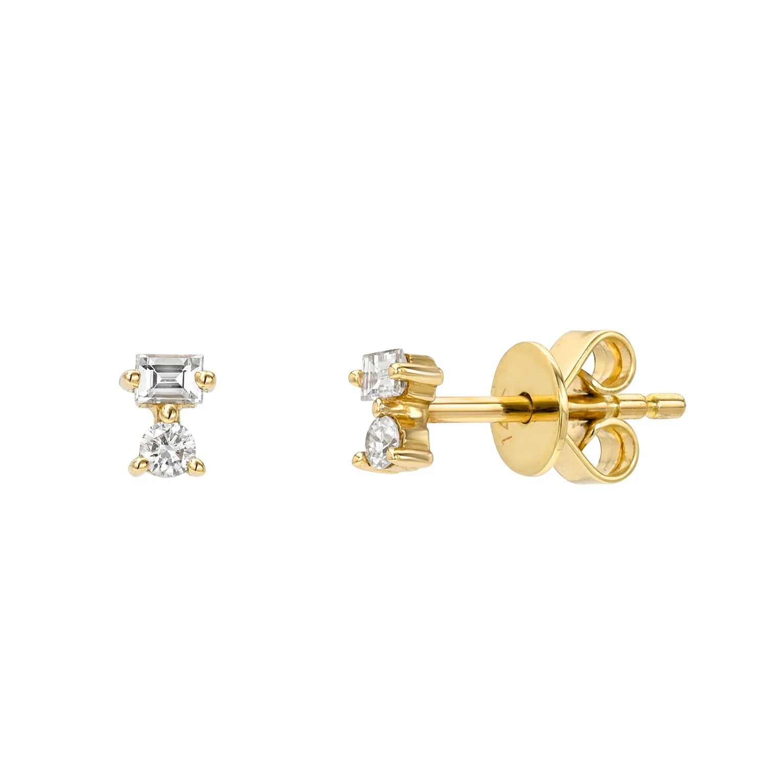 Gold earrings with diamond baguettes and diamond rounds on a white background
