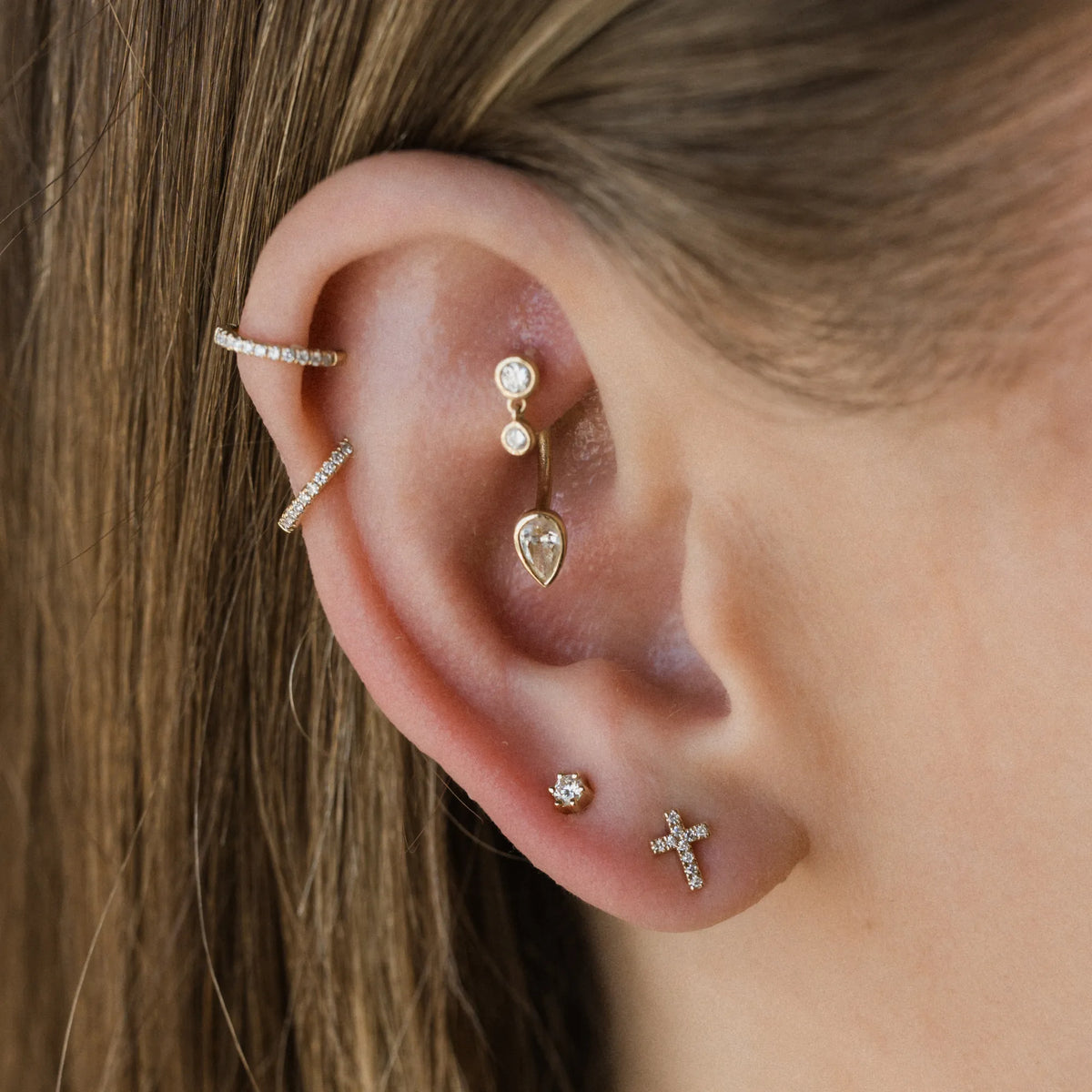 14k yellow gold mini diamond cross stud earrings, meaningful stud earrings by Mama Bijoux, Costa Mesa Orange County jewelry