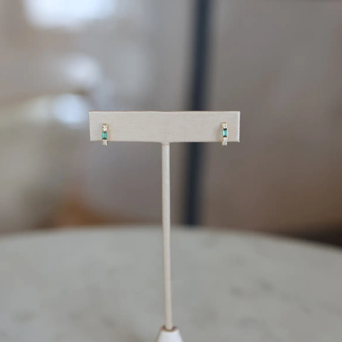 Mini Emerald Baguette & Diamond Huggies (Sold as Singles) Mama Bijoux Fine Jewelry 14k Yellow Gold Natural Diamond and Emeralds