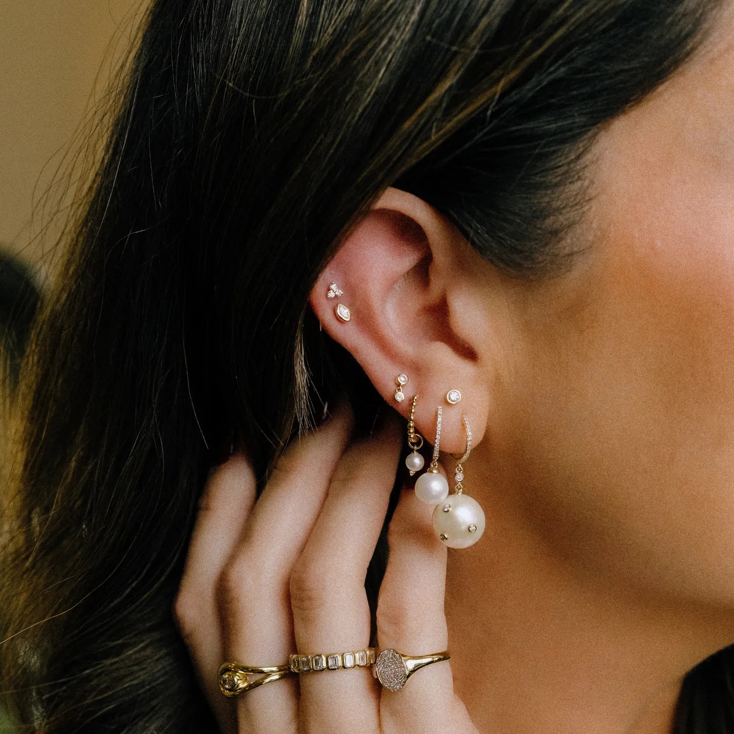 Mini Gold Ball & Pearl Charm Huggies-Earrings-Mama Bijoux