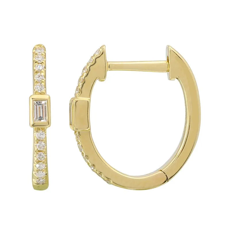 Mini Oval Shaped Bezeled Baguette & Pave Diamond Huggies Mama Bijoux Fine Jewelry 14k yellow gold natural diamonds