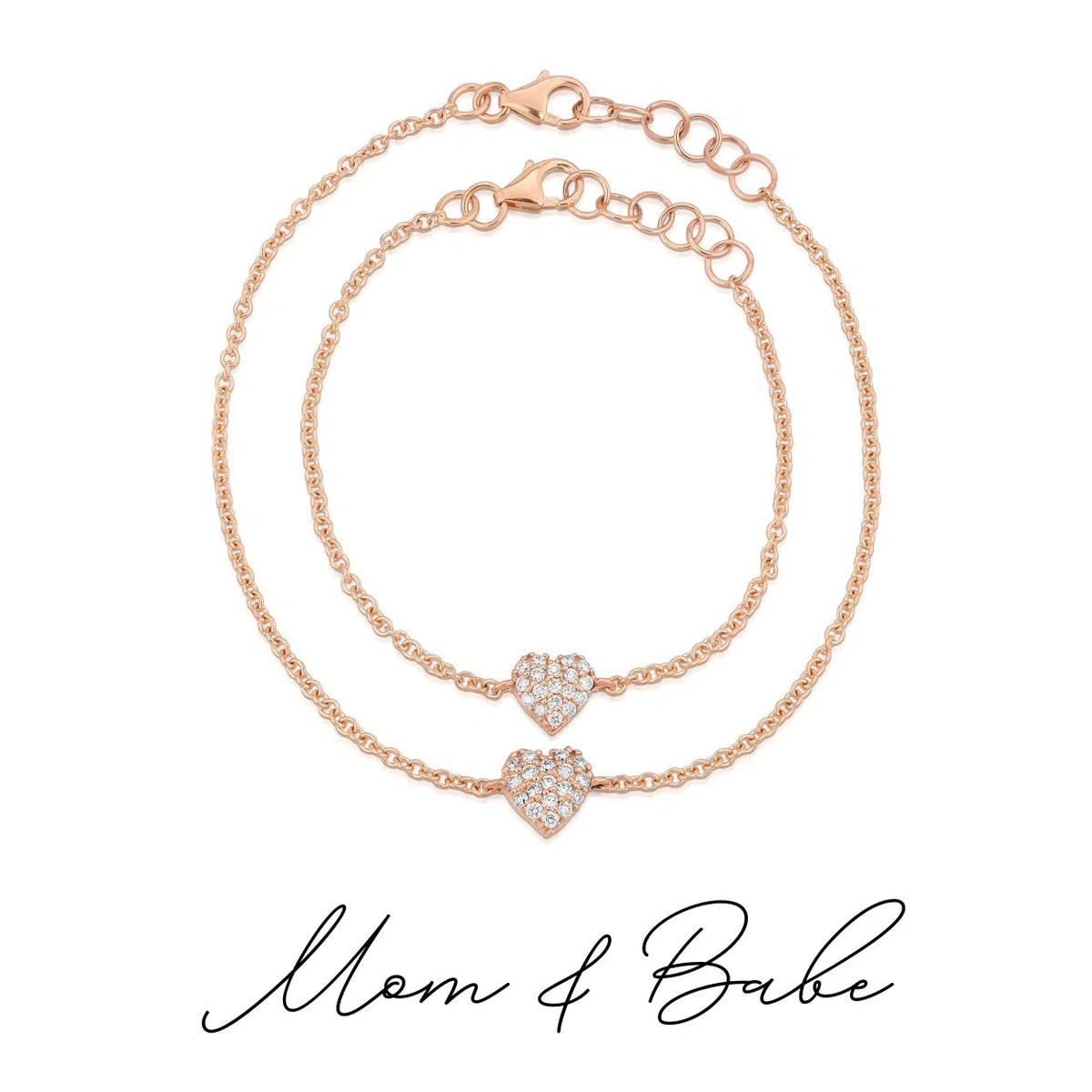 Mom & Babe Matching Diamond Heart Bracelet Set in 18k rose gold: adult and baby bracelets