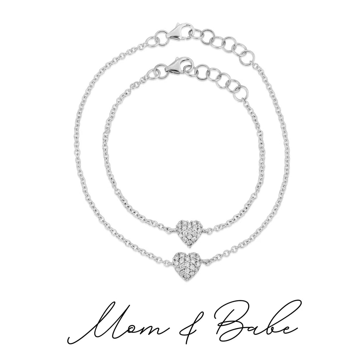 Mom & Babe Matching Diamond Heart Bracelet Set in 18k white gold: adult and baby bracelets