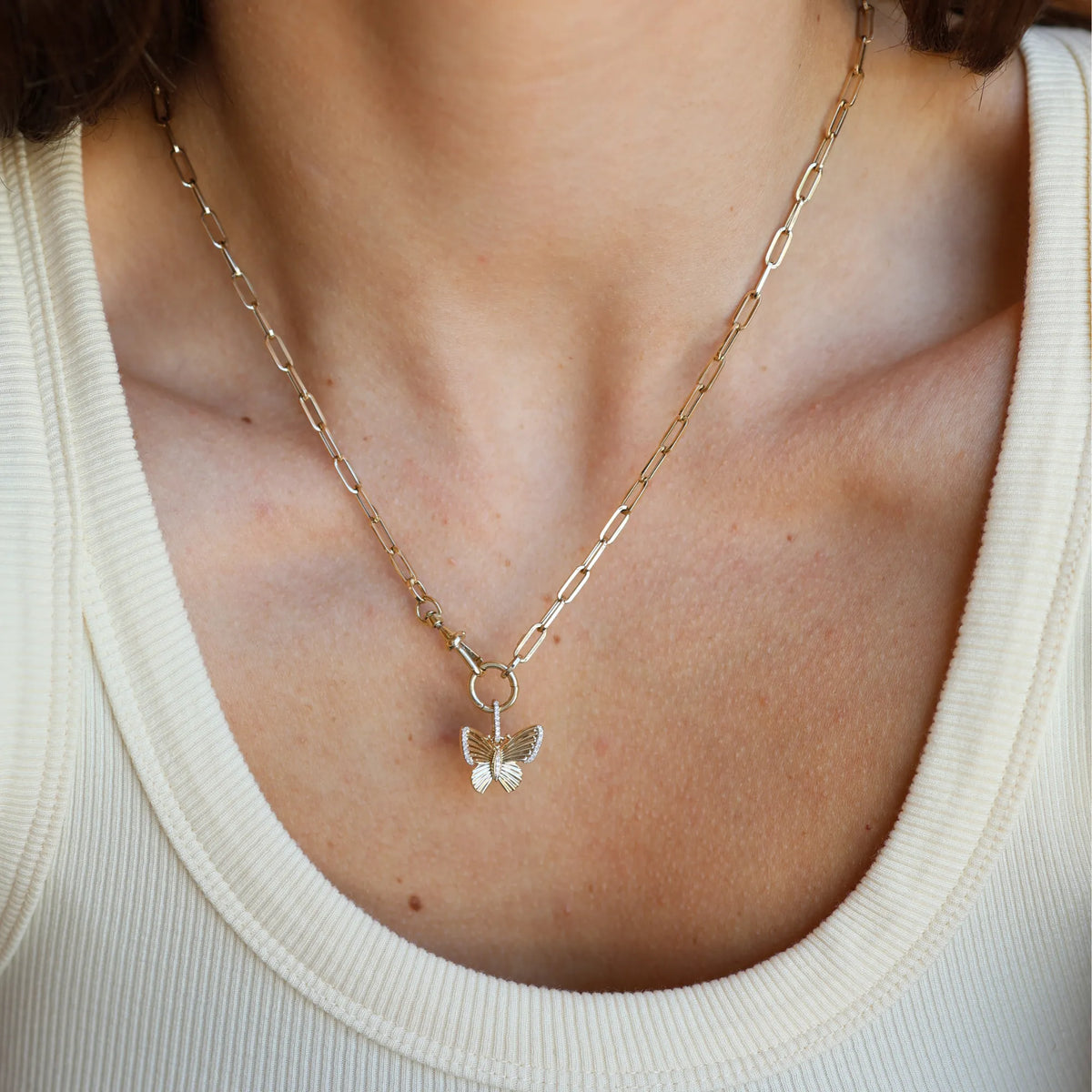 Paperclip lock chain necklace with swivel enhancer and pendant styled on neck, 14k yellow gold, Mama Bijoux Costa Mesa Orange County fine jewelry