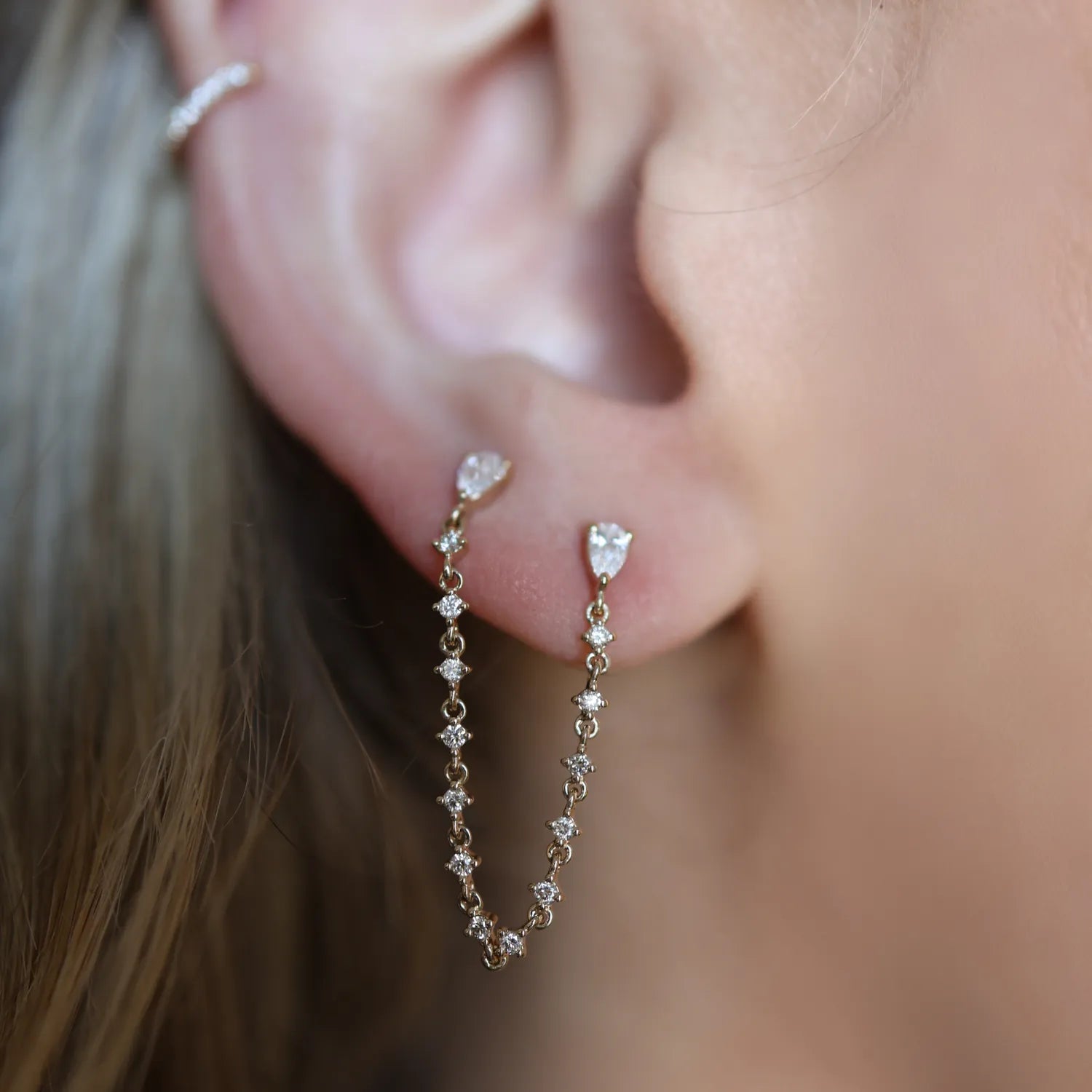 Pear Diamond Double Chain Stud (Sold as Singles)-Earrings-Mama Bijoux