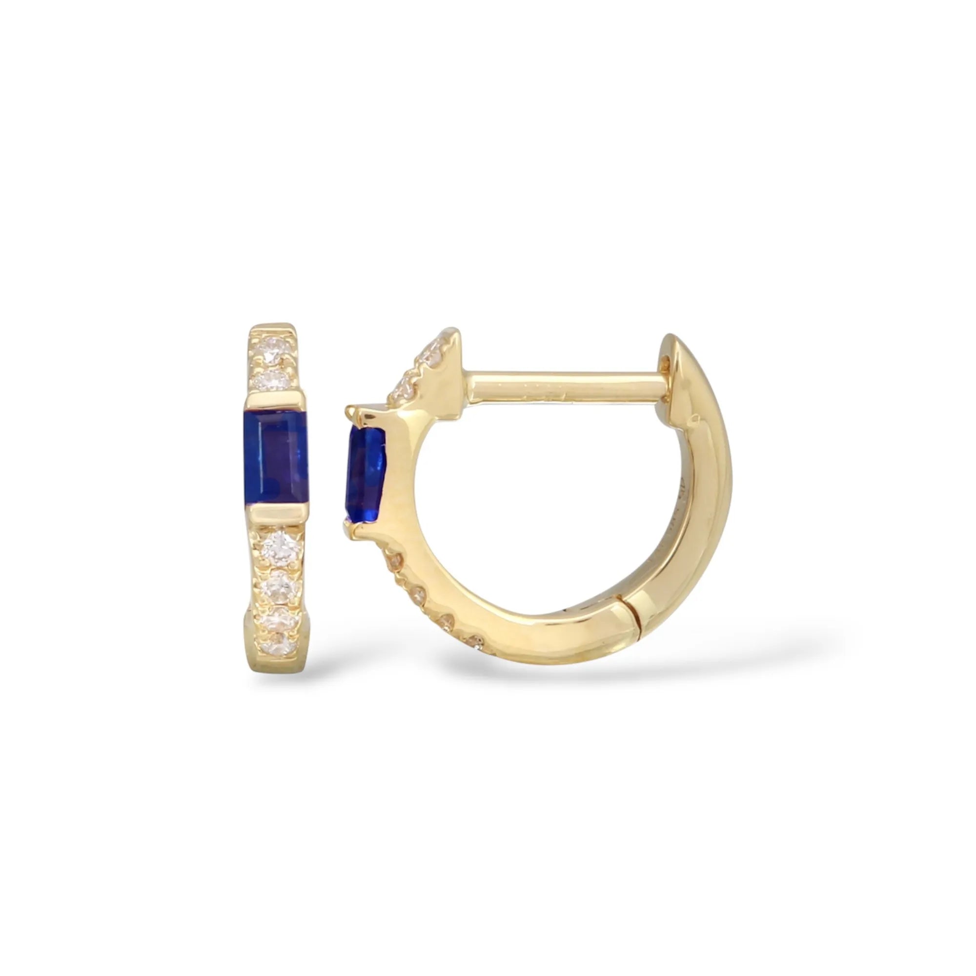 Gold hoop earrings with blue gemstones on a white background