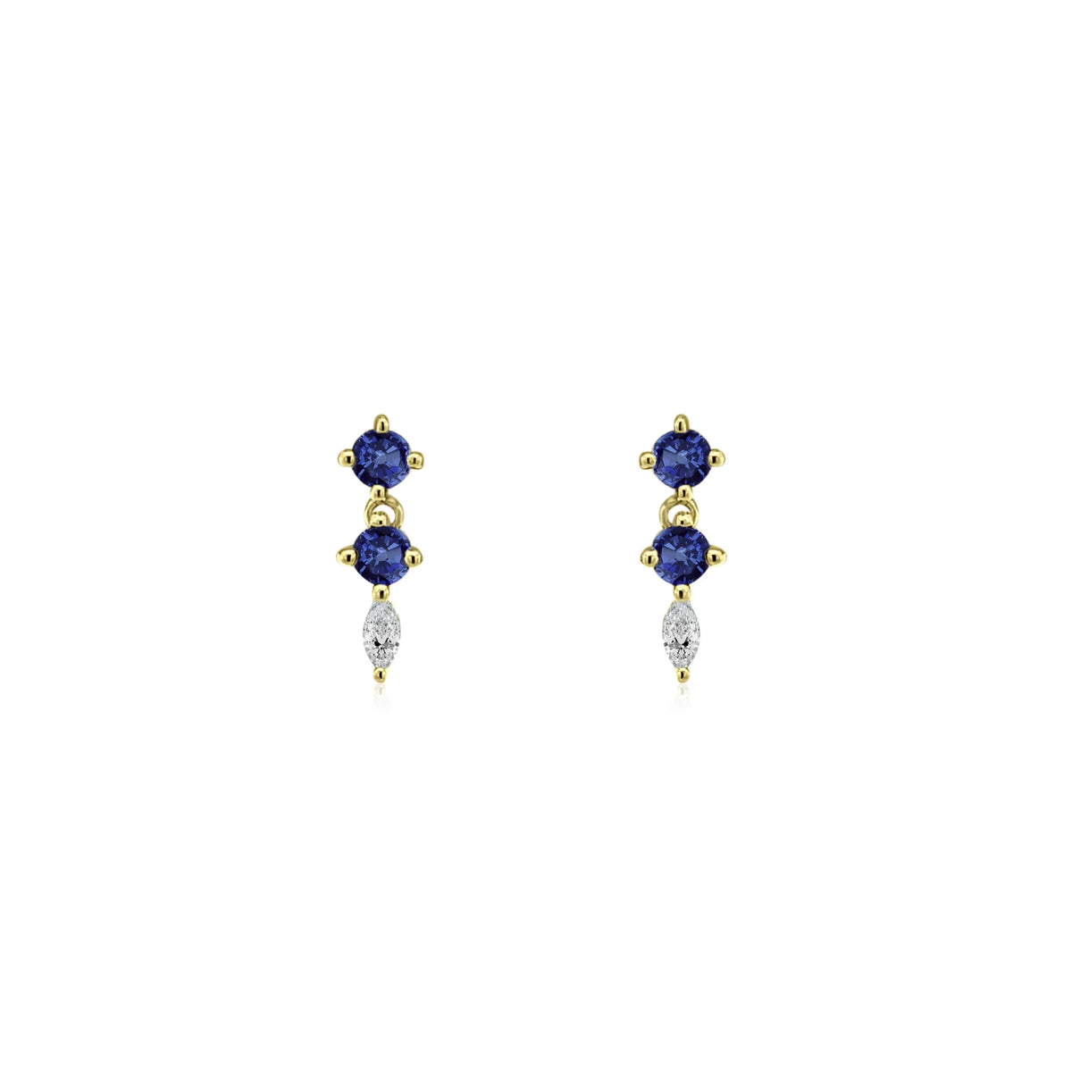 14k yellow gold blue sapphire and diamond marquise drop stud earrings, sapphire drop studs by Mama Bijoux, Costa Mesa Orange County jewelry