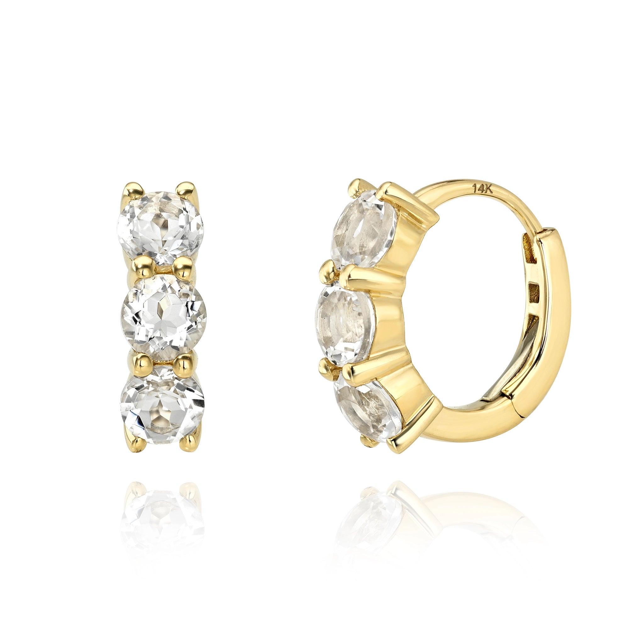 She’s Perfect Shared Prong White Topaz Huggies Mama Bijoux Fine Jewelry 14k yellow gold