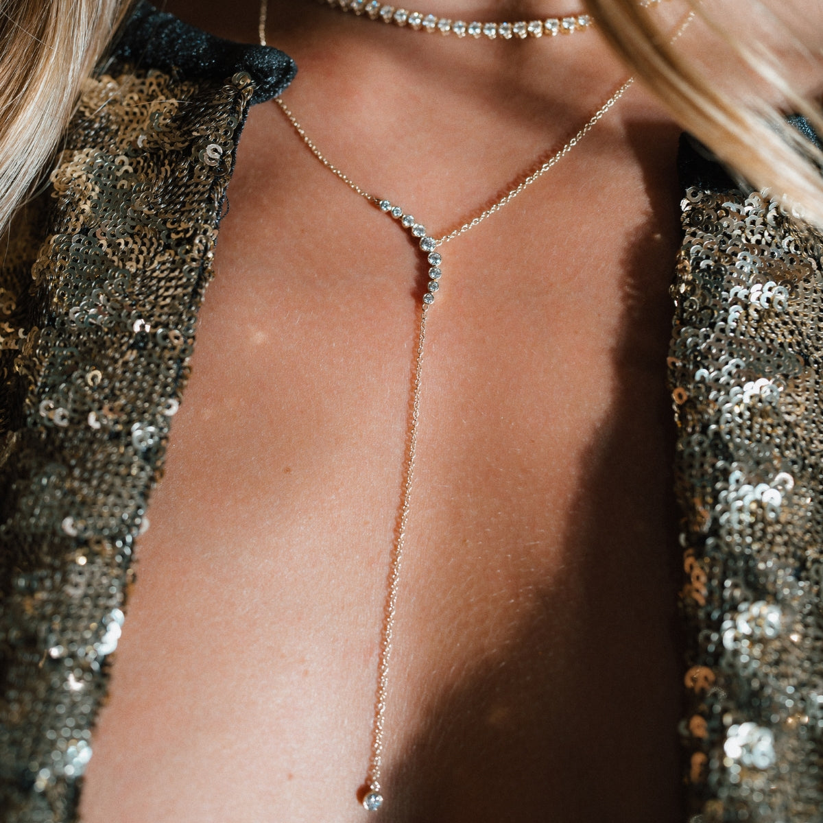 Floating Bezel Set Diamond Lariat Necklace-Necklaces-Mama Bijoux