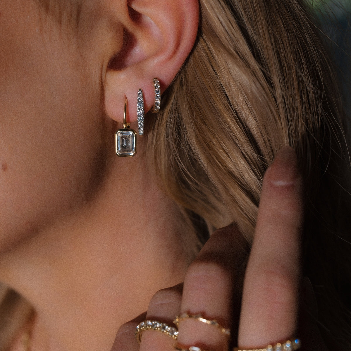 Emerald Cut Bezeled White Topaz Drop Earrings-Earrings-Mama Bijoux