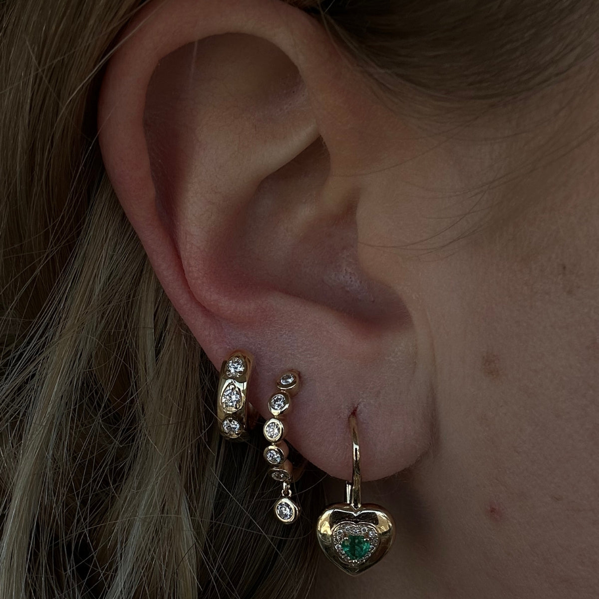 Diamond and Emerald Heart Leverback Earrings-Earrings-Mama Bijoux