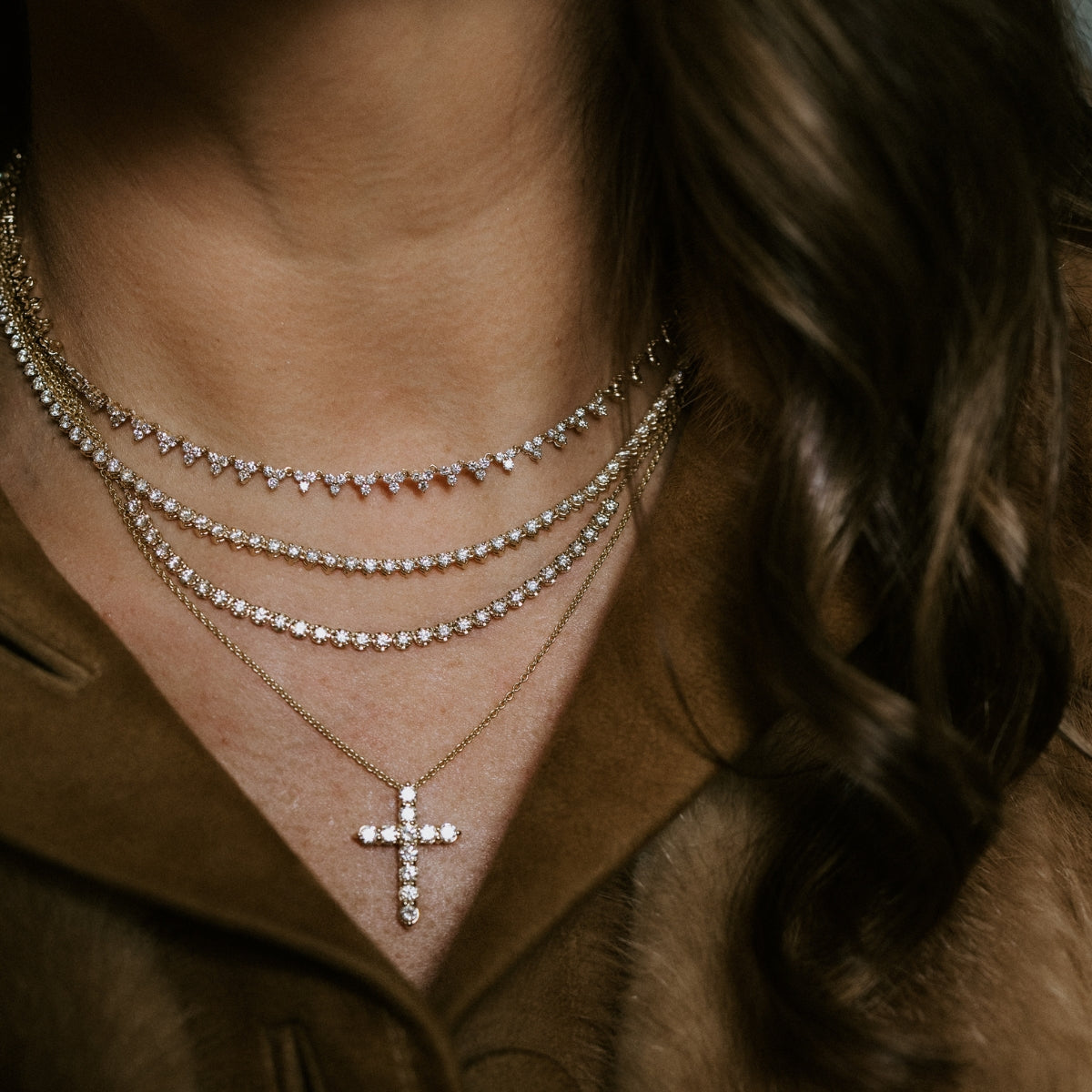 Three Prong Diamond Tennis Necklace (6.46ct)-Necklaces-Mama Bijoux