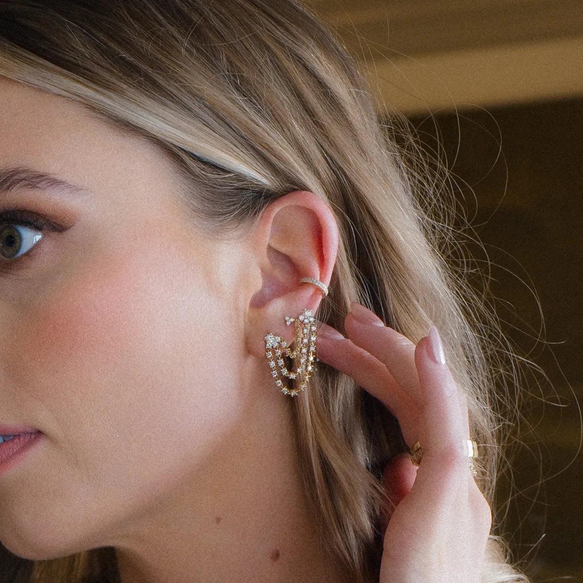 Diamond Chandelier Double Piercing Earring (Sold as Singles)-Earrings-Mama Bijoux