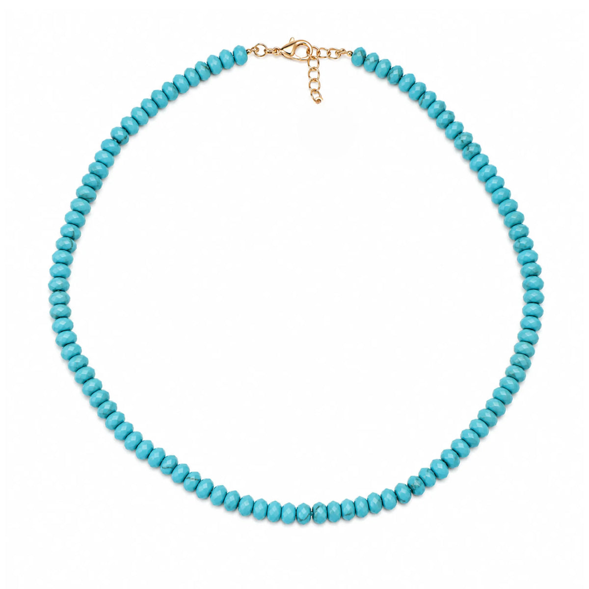 A beaded necklace made of small turquoise-blue faceted beads with a gold clasp and extender chain, photographed on a plain white background.