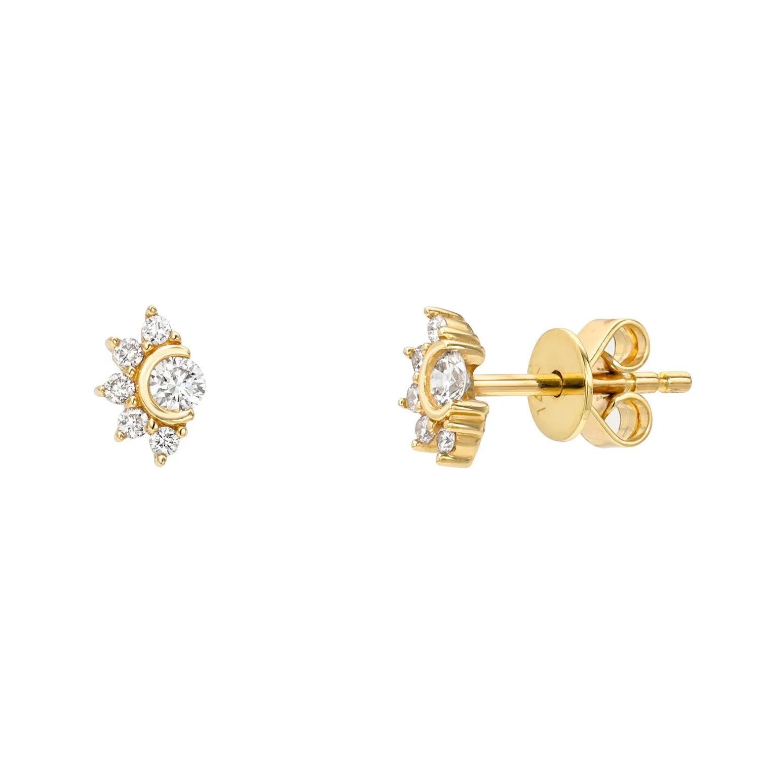 Gold earrings with diamond accents on a white background