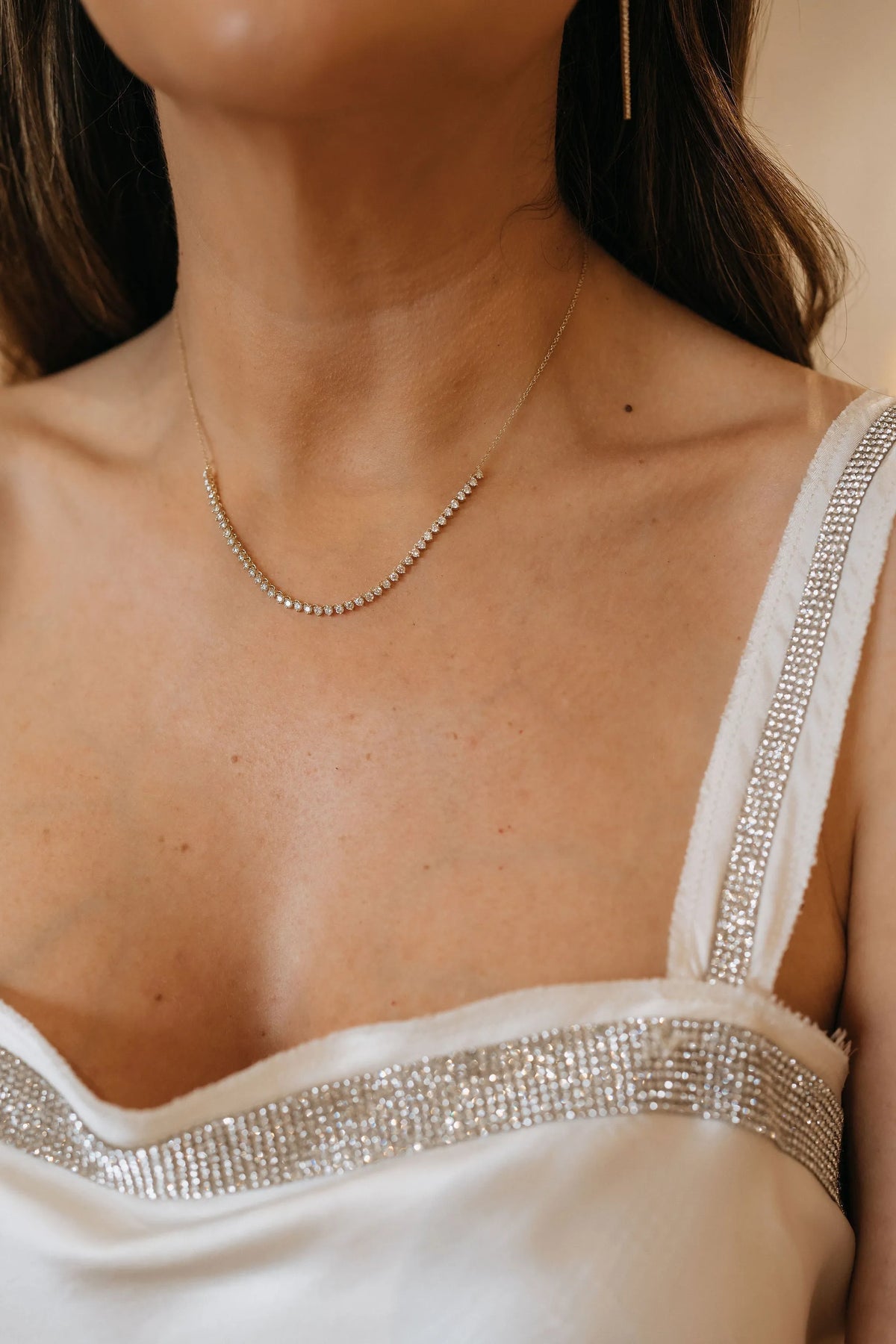 Three Prong Diamond Chain Half Tennis Necklace, diamond and chain detail