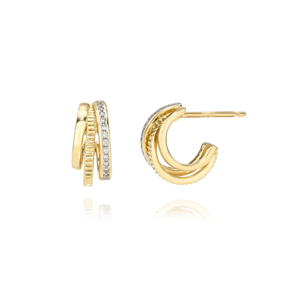 Triple Hoop Textured Gold & Diamond Stud Huggies 14k yellow gold, natural diamonds, Mama Bijoux fine jewelry