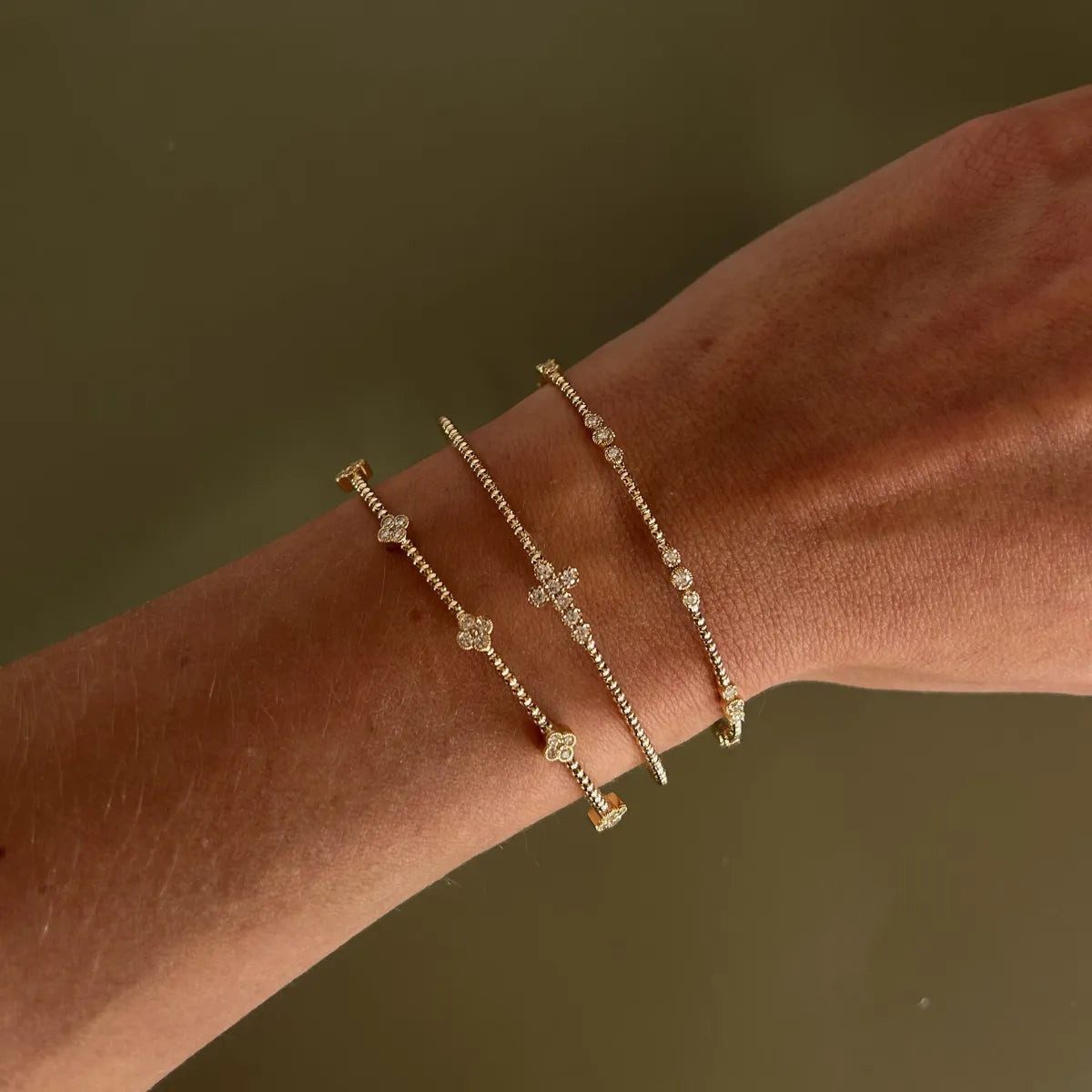 Flexible Diamond Cross & Gold Bead Bangle-Bracelets-Mama Bijoux
