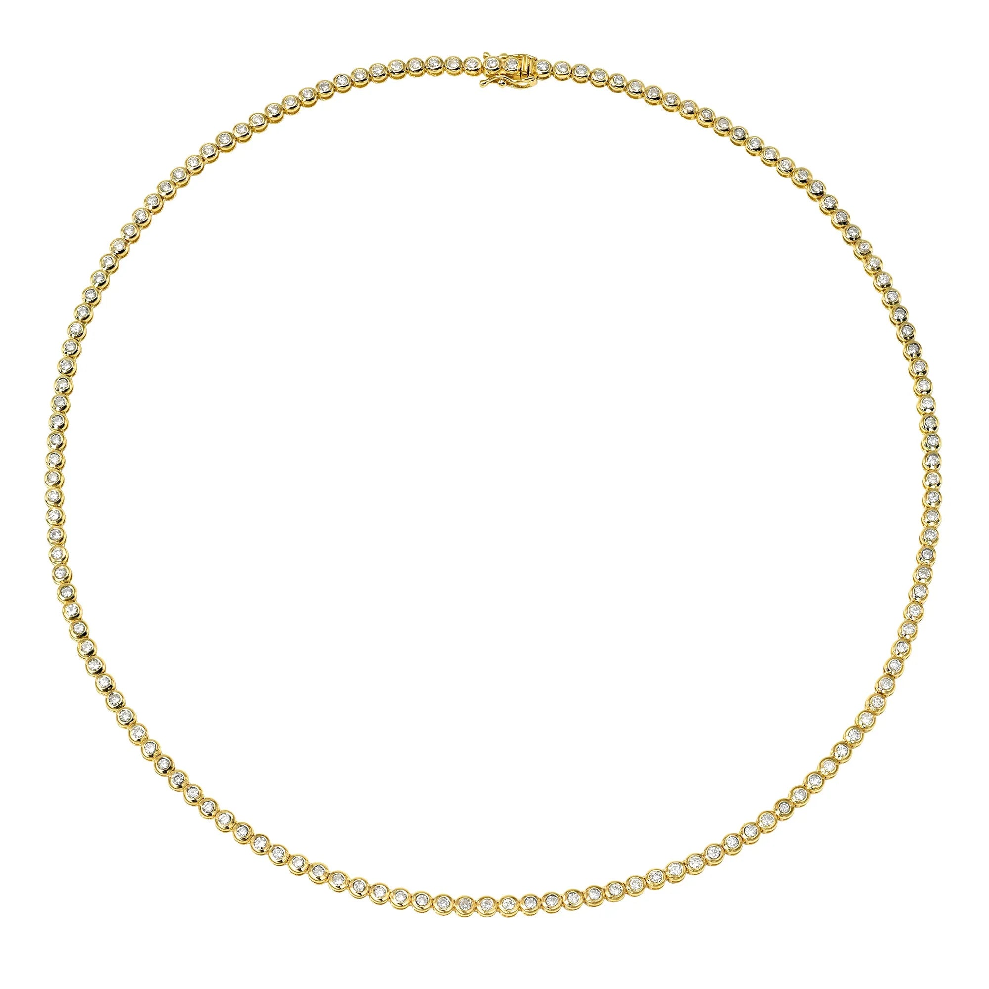 Bezel set natural diamond tennis necklace 4.45ctw EF VS1 round brilliant diamonds 14k yellow gold Mama Bijoux Costa Mesa