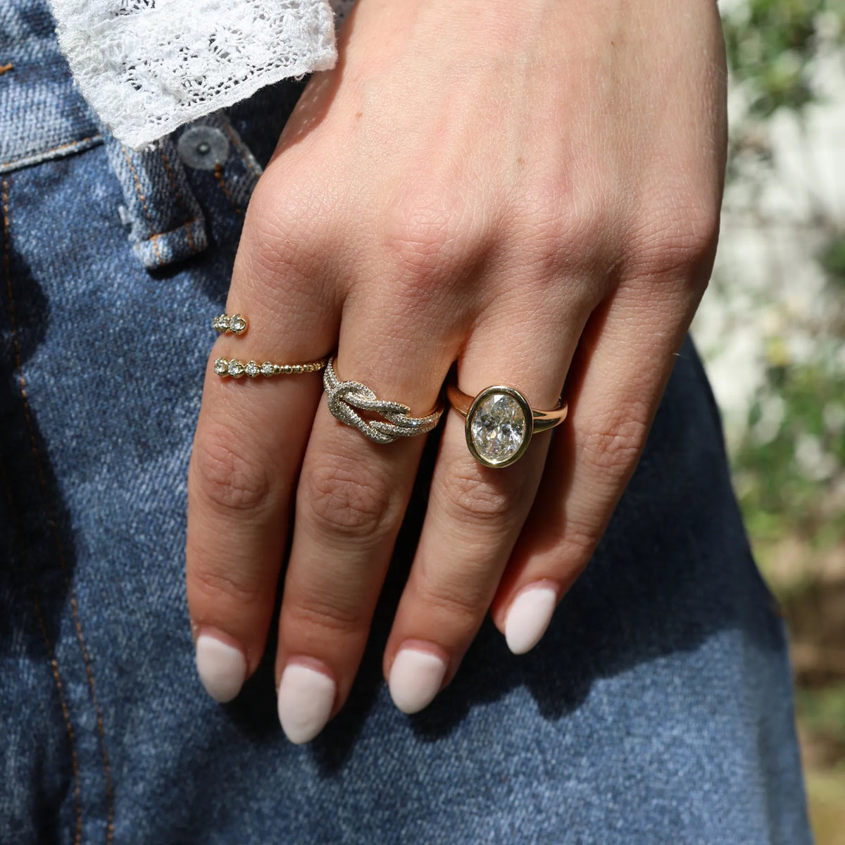 Bezel set oval diamond engagement ring 14k yellow gold 3.07ctw lab grown diamond oval cut modern unique engagement ring lifestyle Mama Bijoux Costa Mesa