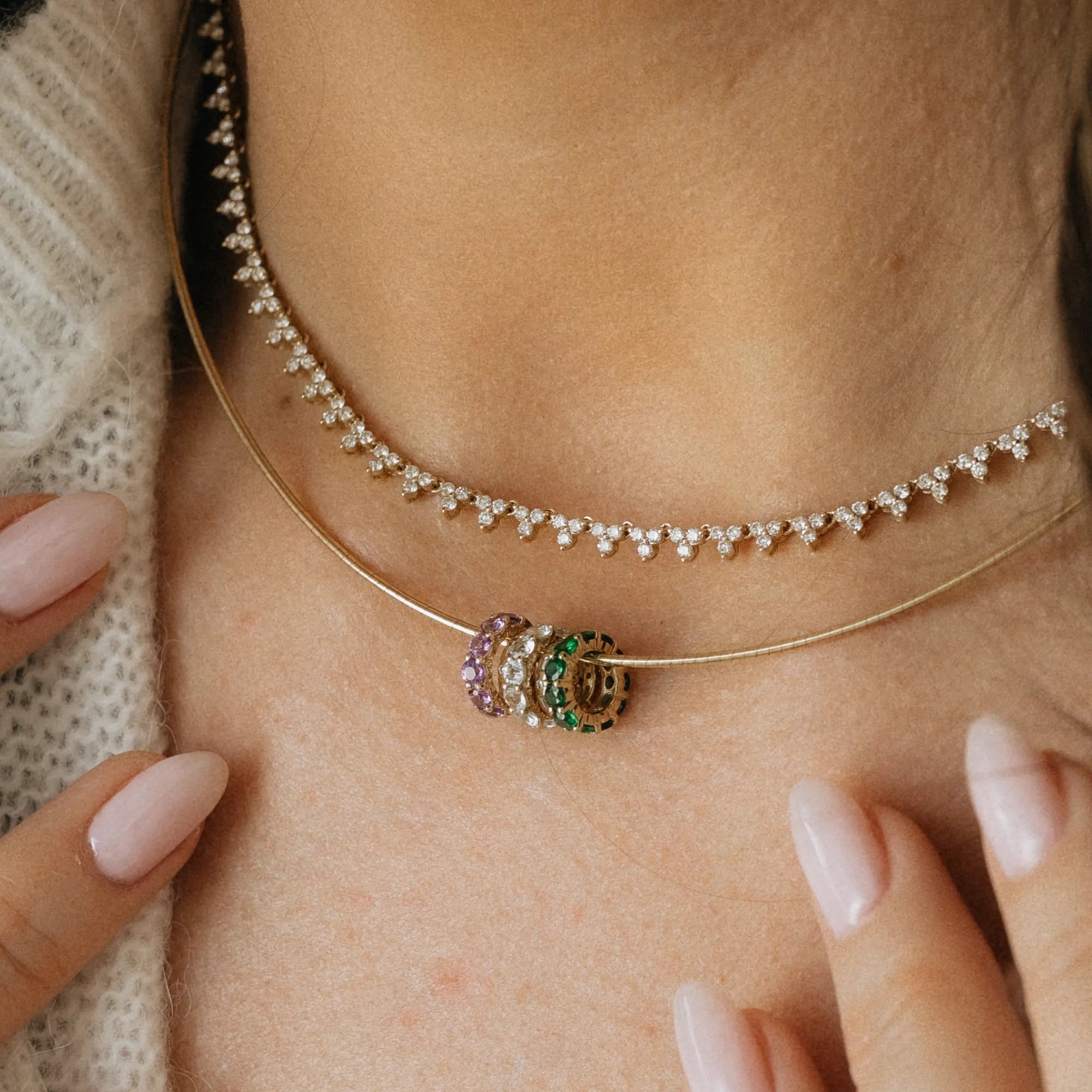 Stacked birthstone charm beads on 14k gold omega necklace with diamond trio tennis necklace Mama Bijoux Costa Mesa