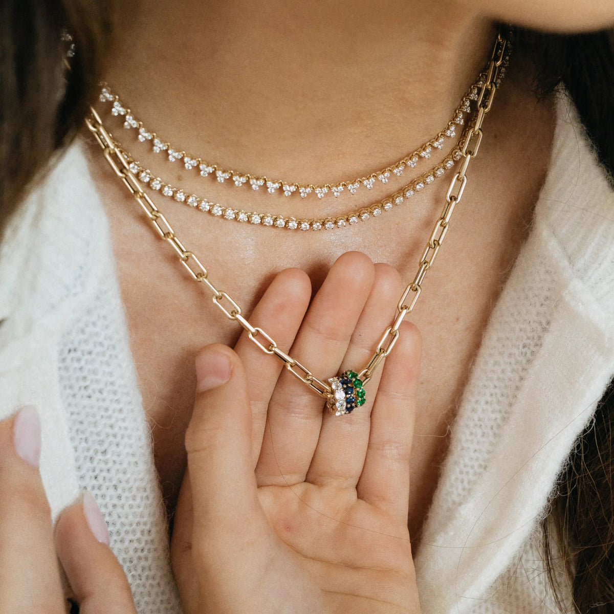 Stacked birthstone charm beads on 14k gold paperclip chain necklace with diamond tennis necklace Mama Bijoux Costa Mesa
