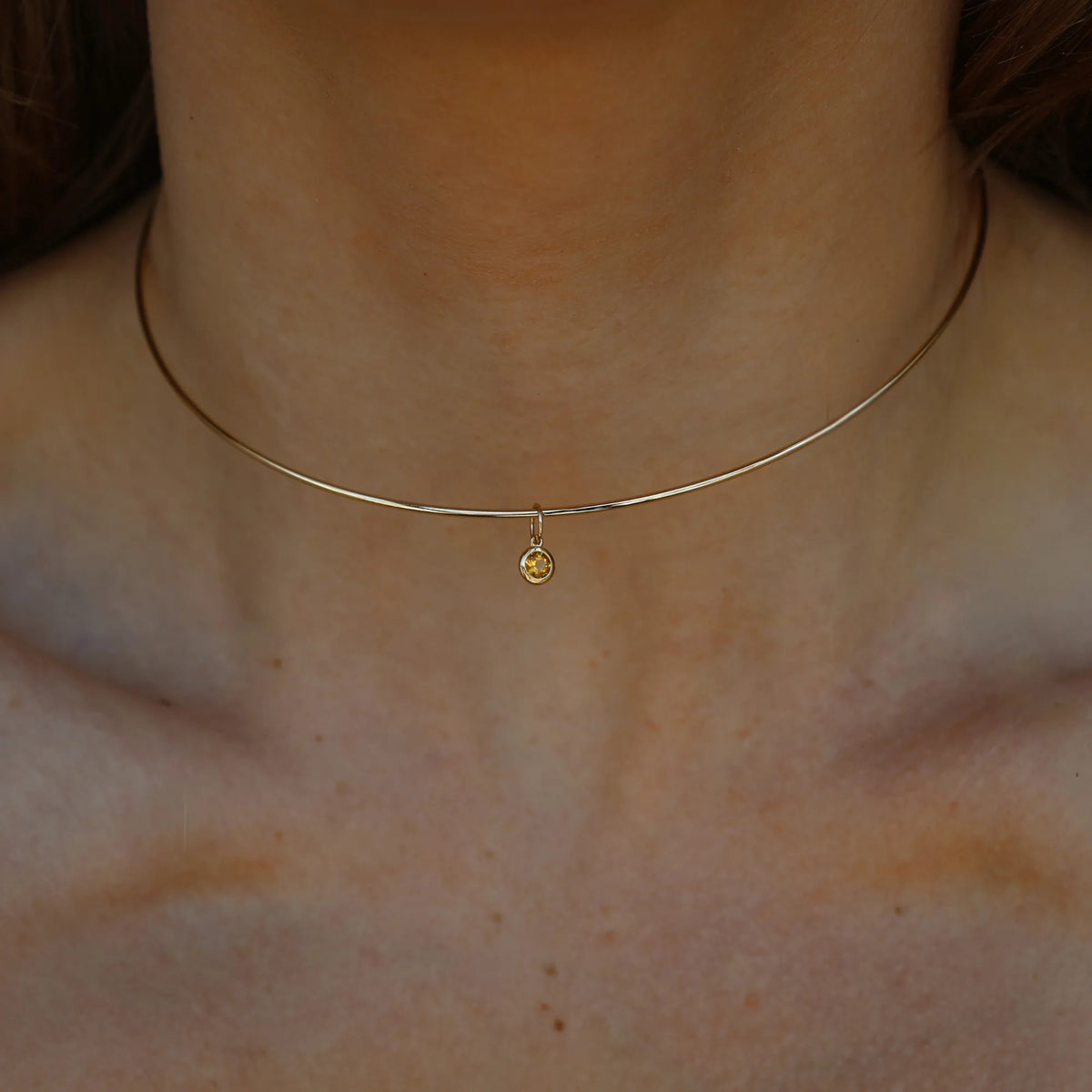 14k gold bezel set citrine birthstone charm November birthstone pendant worn on gold omega necklace handcrafted fine jewelry Mama Bijoux Costa Mesa Orange County