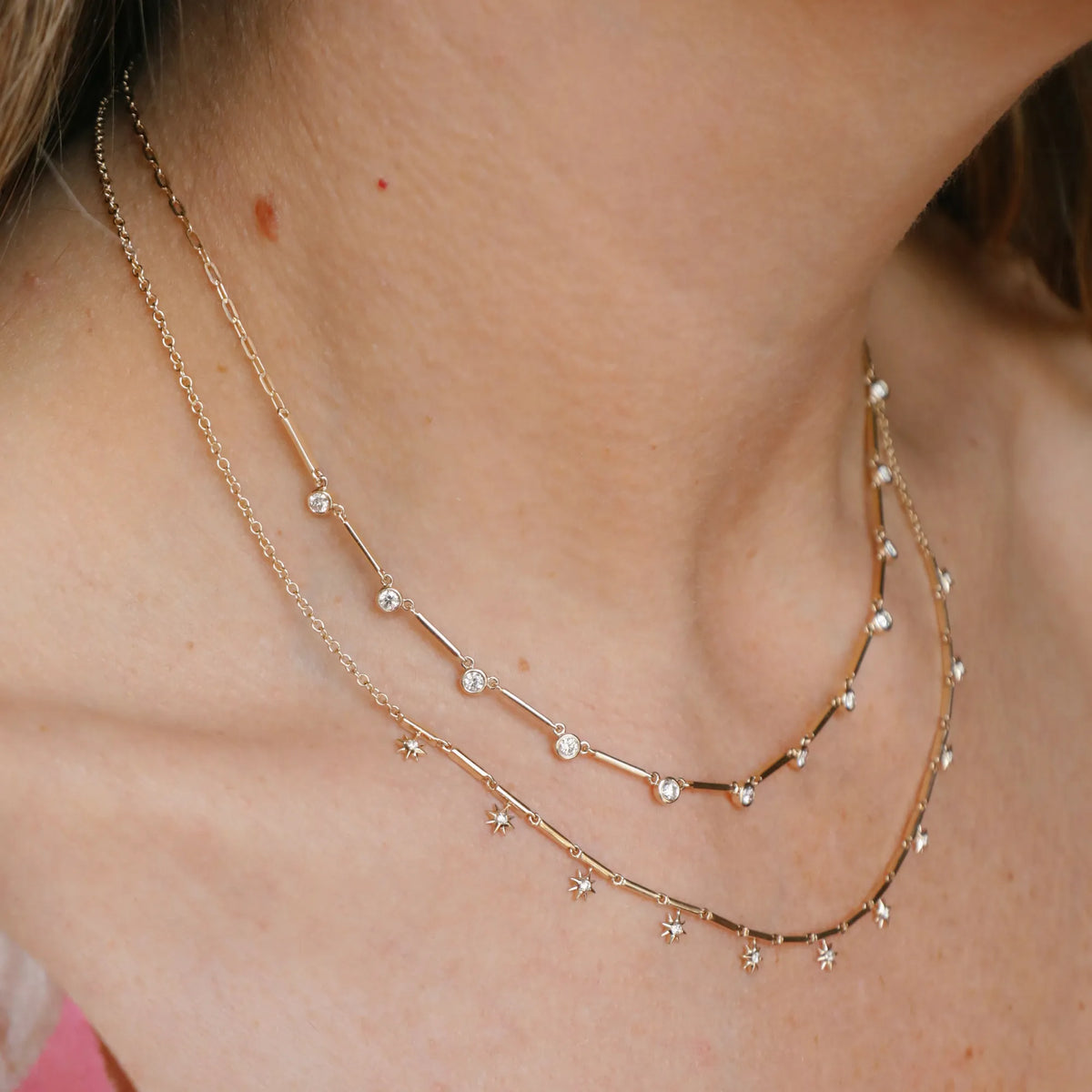 Diamond bar tennis chain necklace layered with diamond chain necklace, gold paperclip chain, layered necklace, Orange County fine jewelry