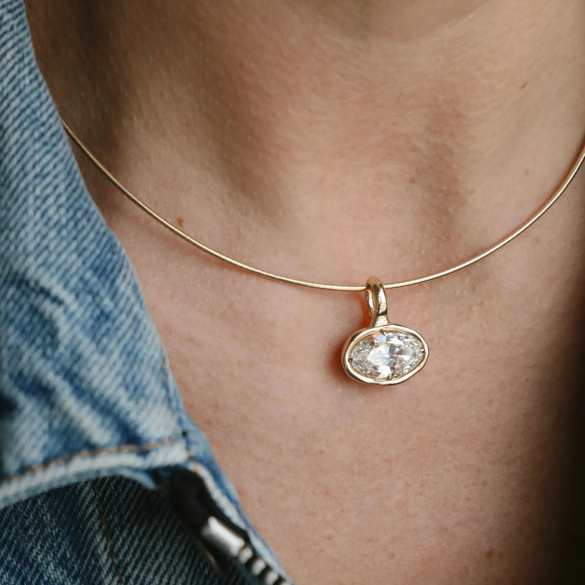 Diamond pendant necklace on gold wire choker, oval cut lab grown diamond, layering necklace, Orange County fine jewelry