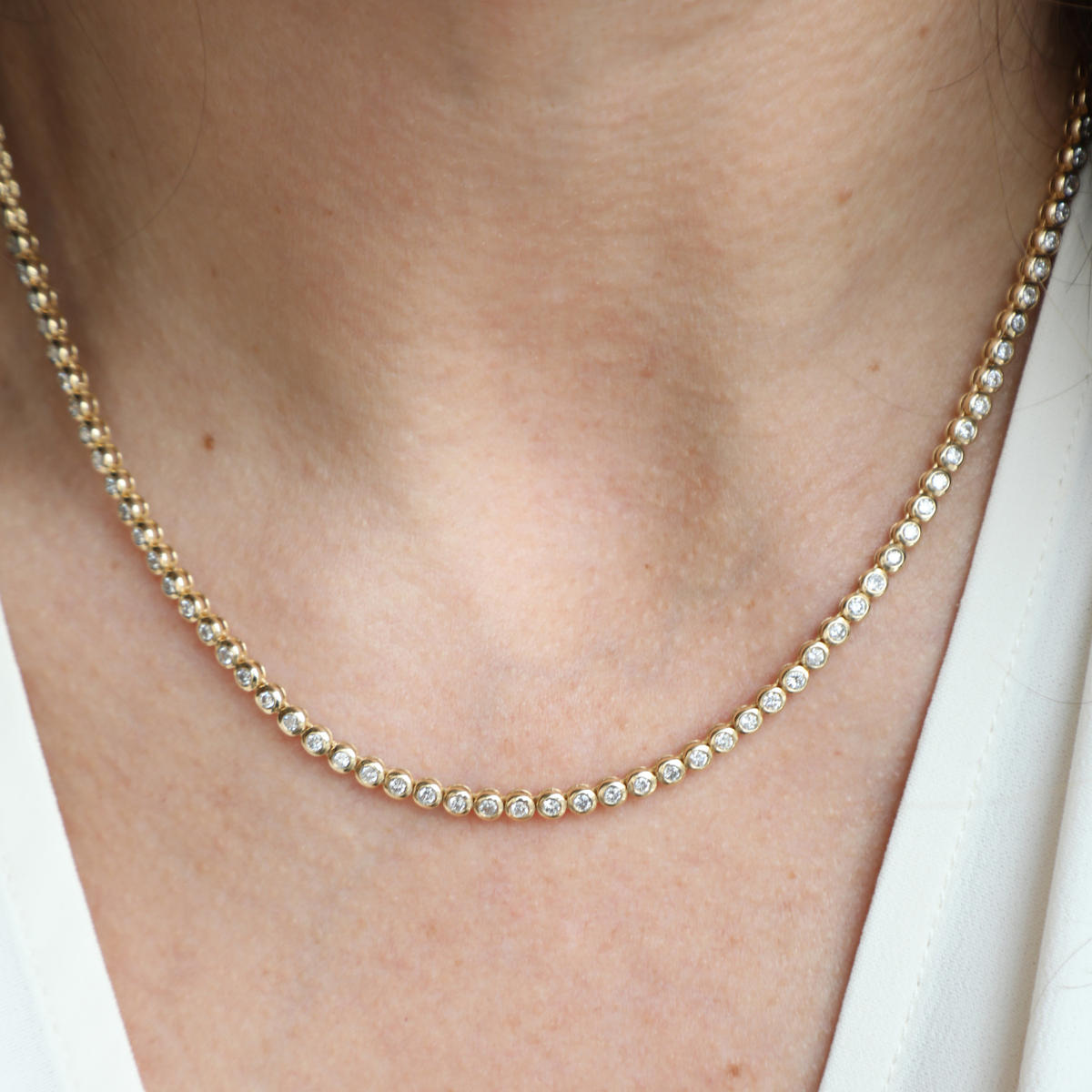 Diamond tennis necklace 14k yellow gold natural diamonds dainty diamond layering necklace everyday fine jewelry meaningful jewelry gift anniversary jewelry lifestyle Mama Bijoux Costa Mesa