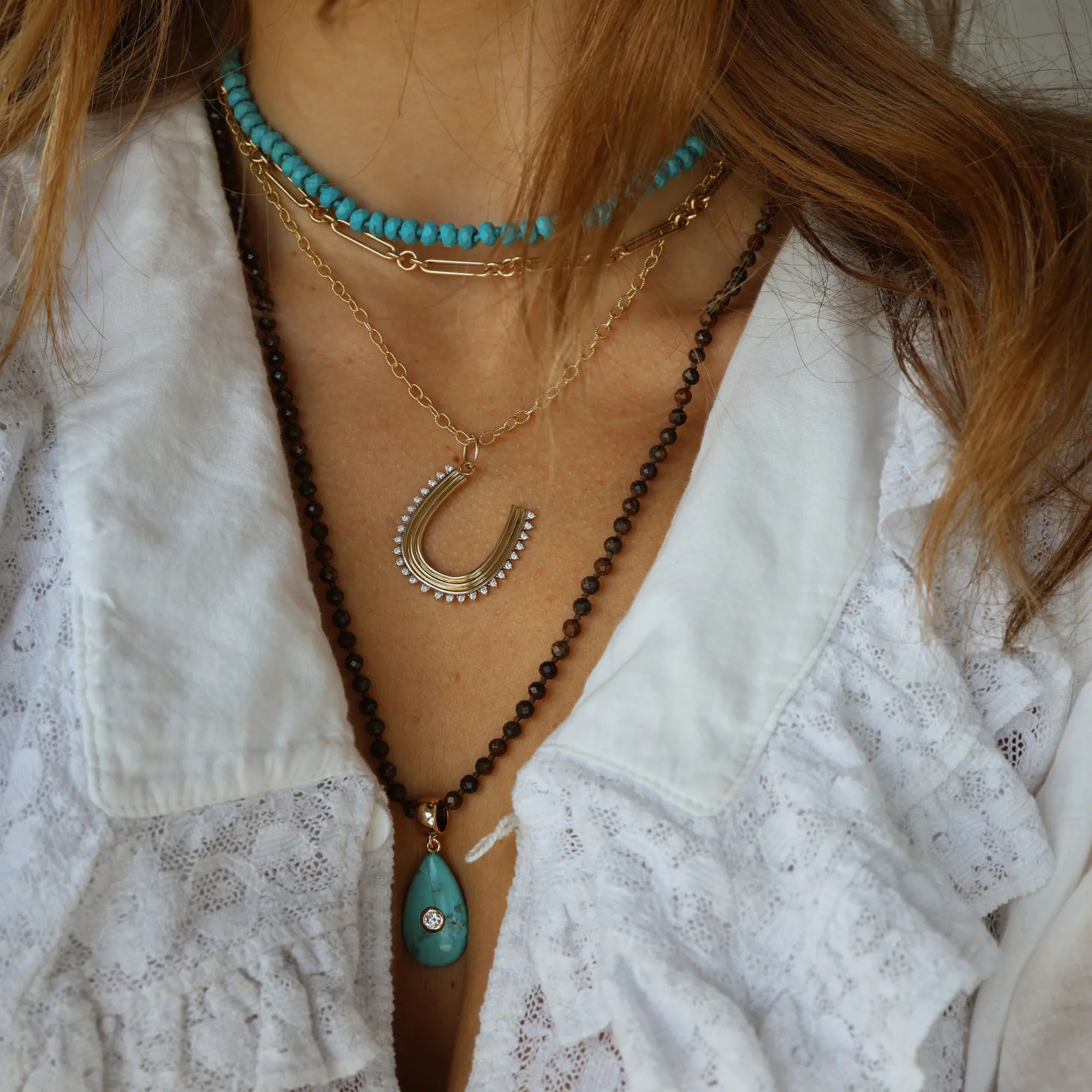 Diamonds in the desert turquoise jewelry 14k yellow gold natural turquoise horseshoe pendant layering necklace turquoise beaded necklace festival jewelry stagecoach jewelry everyday fine jewelry Mama Bijoux Costa Mesa