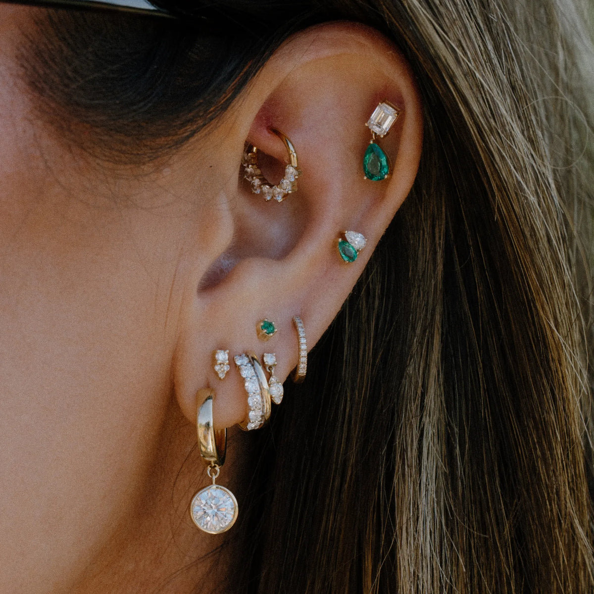 Double row lab diamond huggie earrings worn in ear stack with studs, everyday earrings by Mama Bijoux Orange County