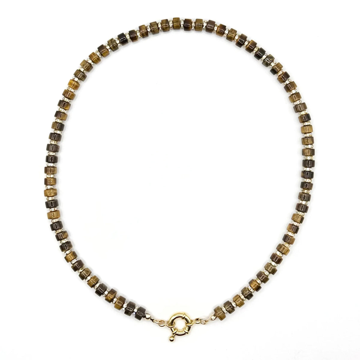 Driftwood Glow necklace by Mama Bijoux x Isla Sol featuring natural tiger's eye gemstone beads, sparkling rhinestone accents, and a gold filled spring clasp.