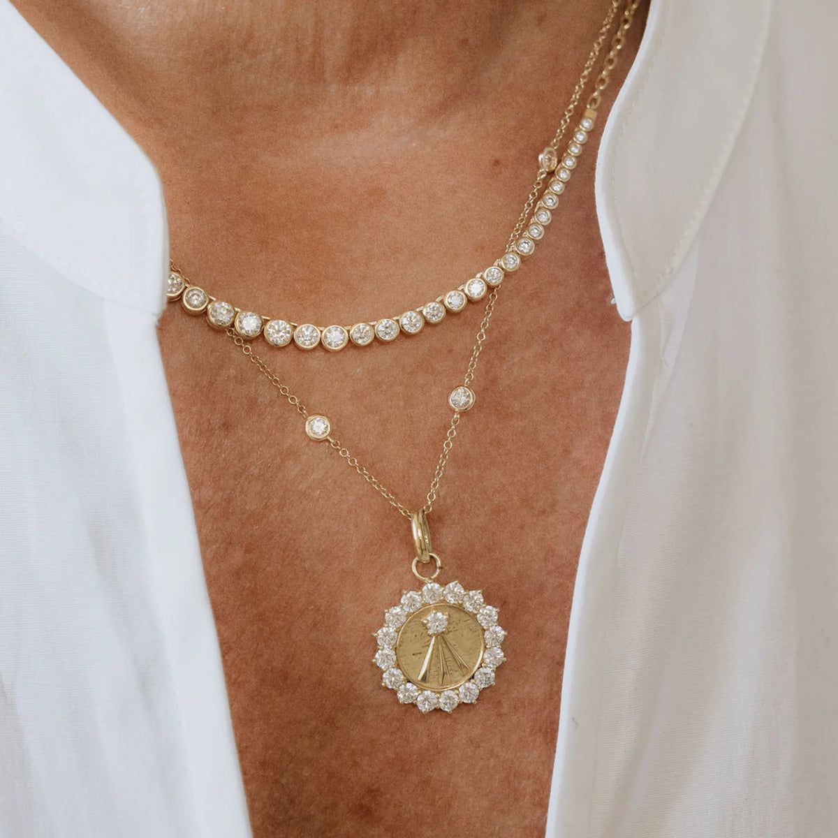 Engravable warrior goddess charm 14k yellow gold 1.53ctw natural diamond halo layering necklace meaningful jewelry gift lifestyle Mama Bijoux Costa Mesa