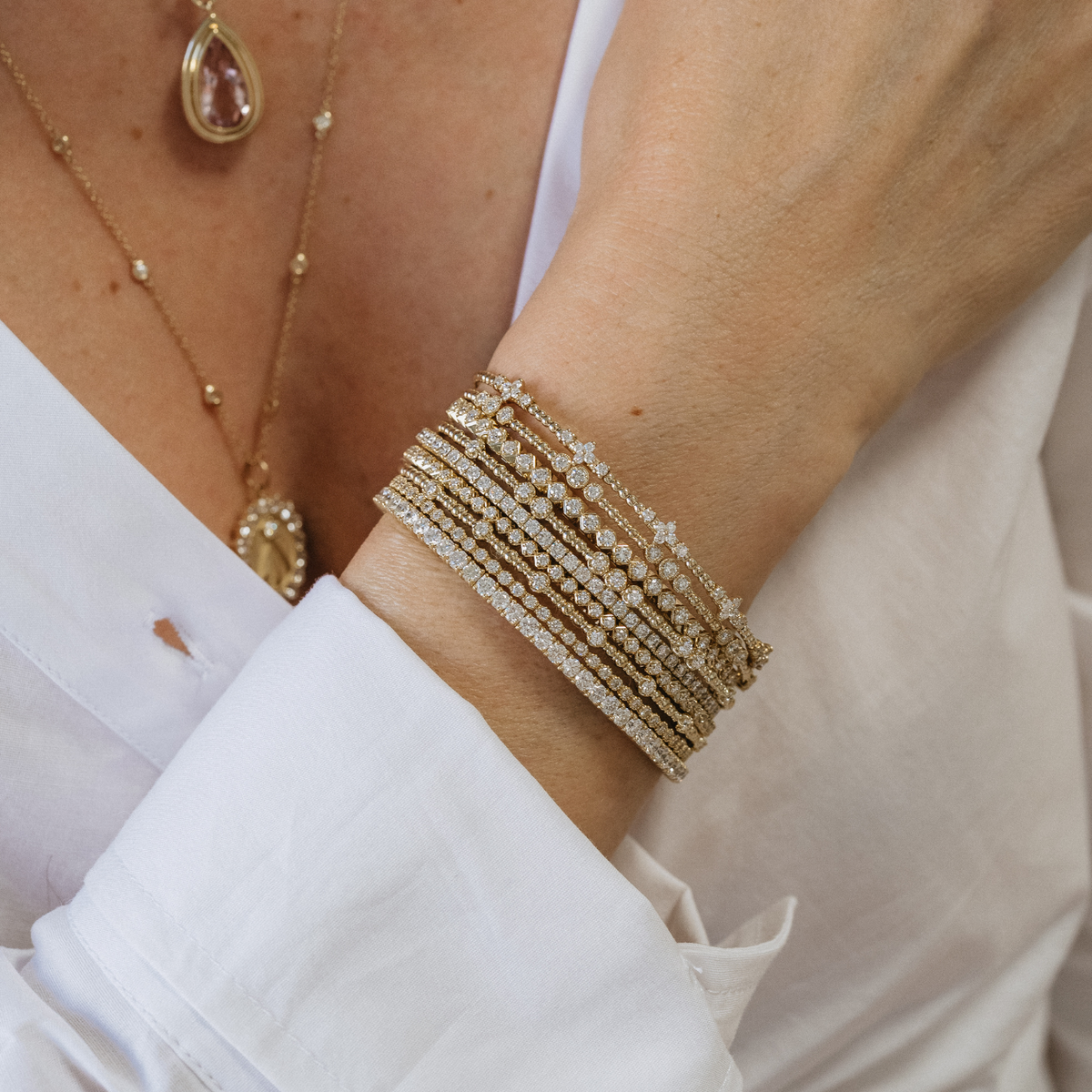Gold and diamond bracelets 14k yellow gold natural diamonds dainty diamond stacking bracelet tennis bracelet layered bracelet stack everyday fine jewelry meaningful jewelry gift anniversary jewelry Mama Bijoux Costa Mesa