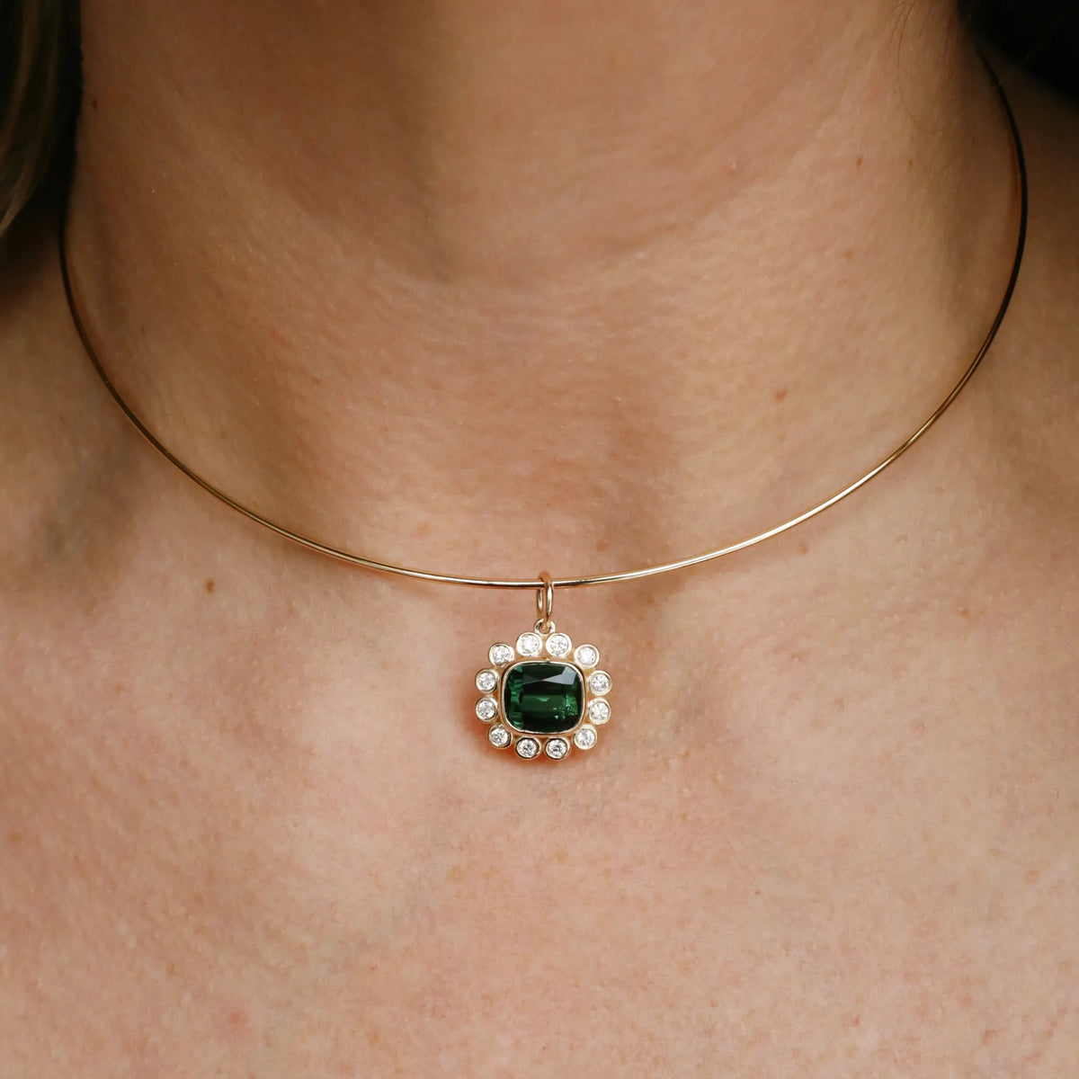 Green tourmaline pendant necklace on gold wire choker, diamond halo pendant, layering necklace, Orange County fine jewelry