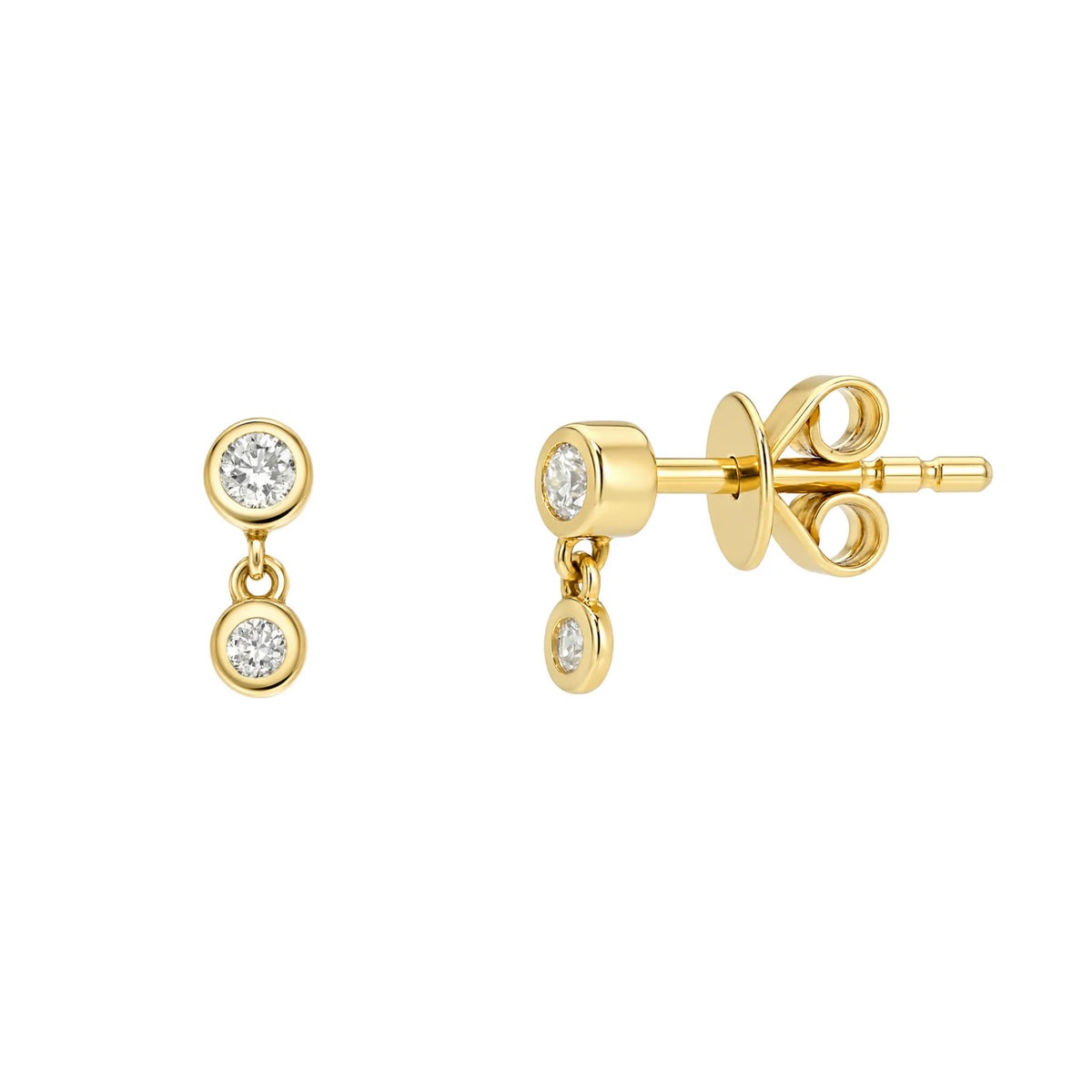 Itty bitty bezeled diamond drop stud earrings 14k yellow gold double bezel set natural round brilliant diamonds 0.10ctw Mama Bijoux Costa Mesa