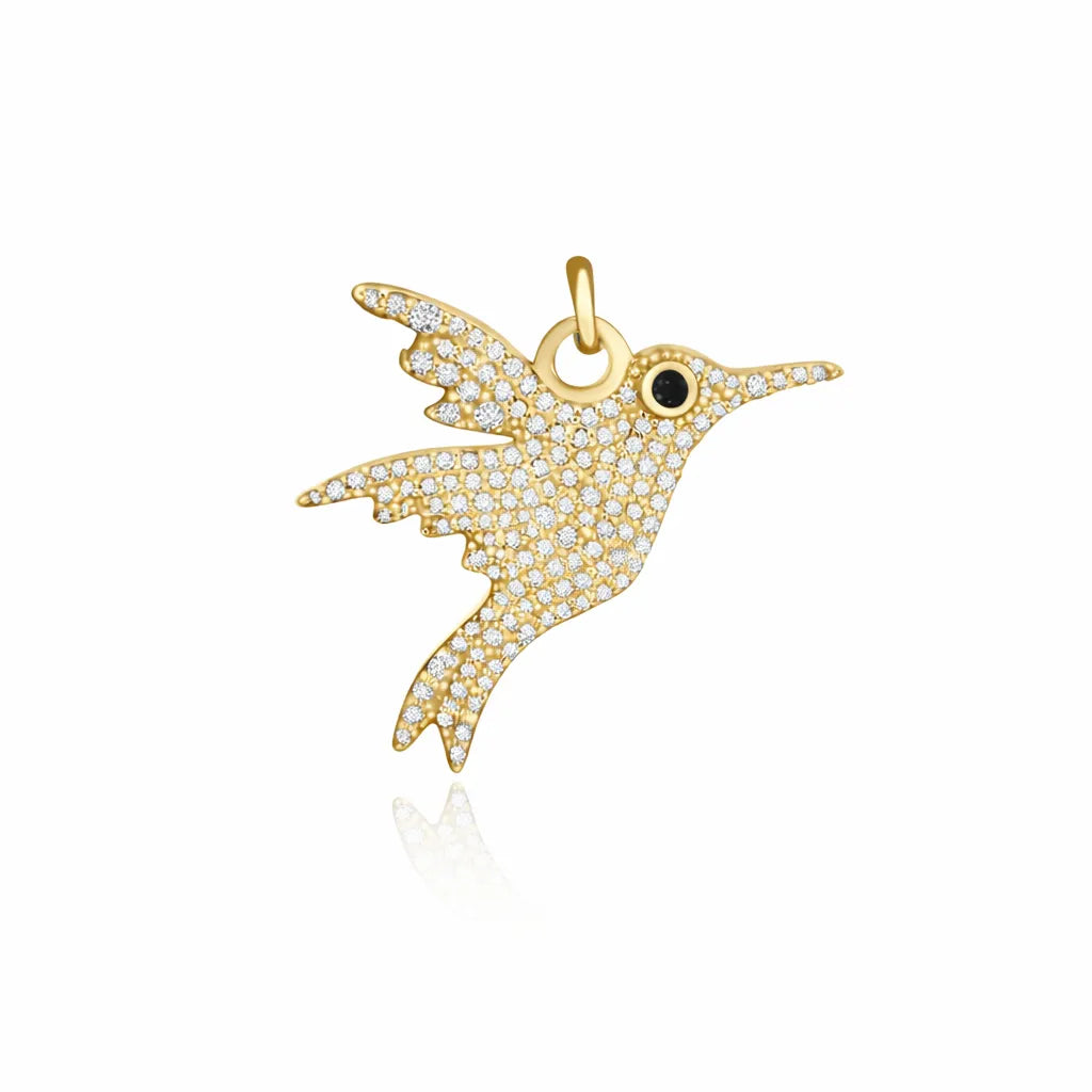 14k yellow gold large pavé hummingbird charm with natural diamonds and emerald eye