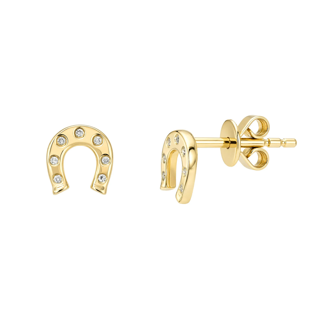 Lucky 7 diamond horseshoe stud earrings 14k yellow gold bezel set natural round brilliant diamonds 0.03ctw Mama Bijoux Costa Mesa