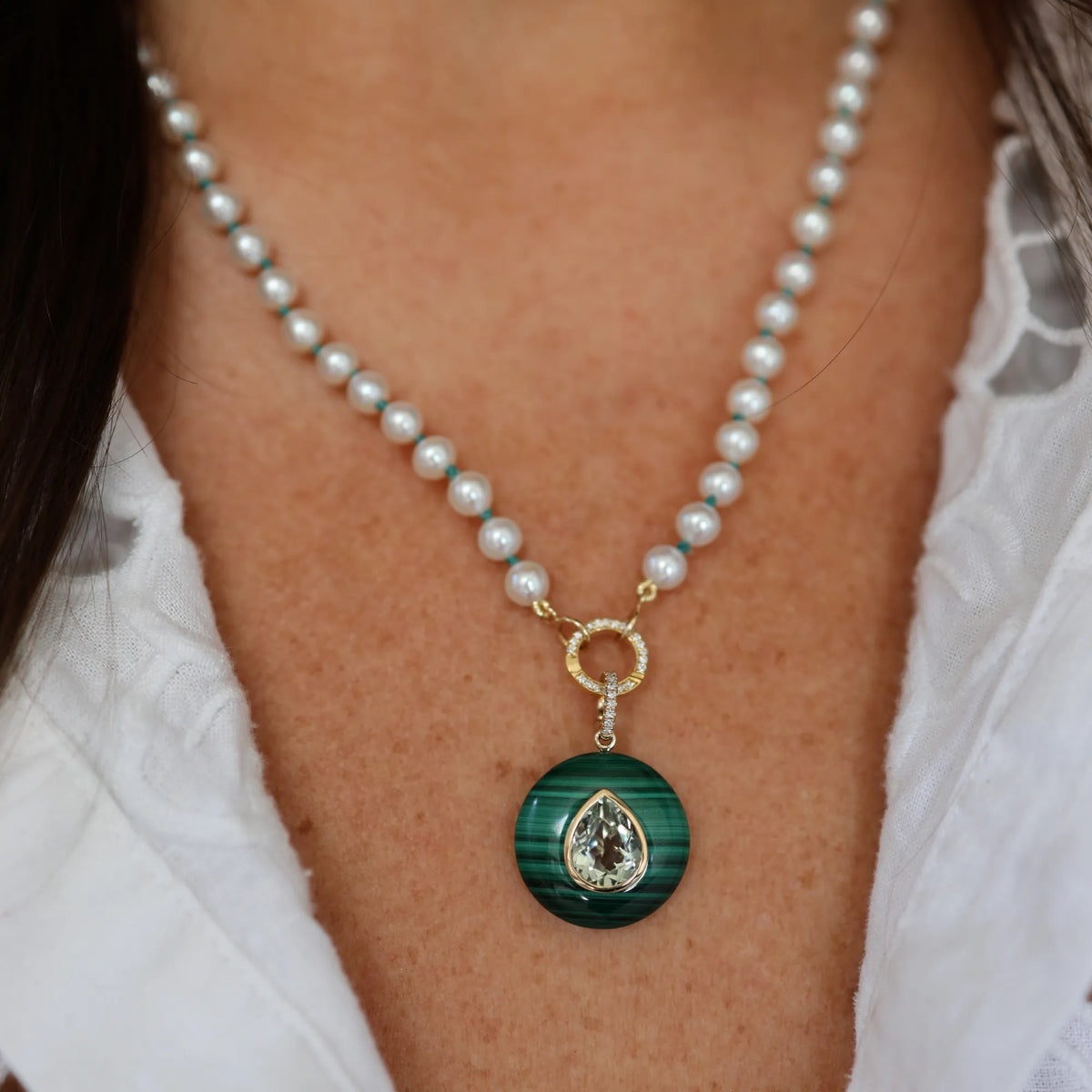 Malachite and green amethyst charm worn on a necklace with diamond charm attachment