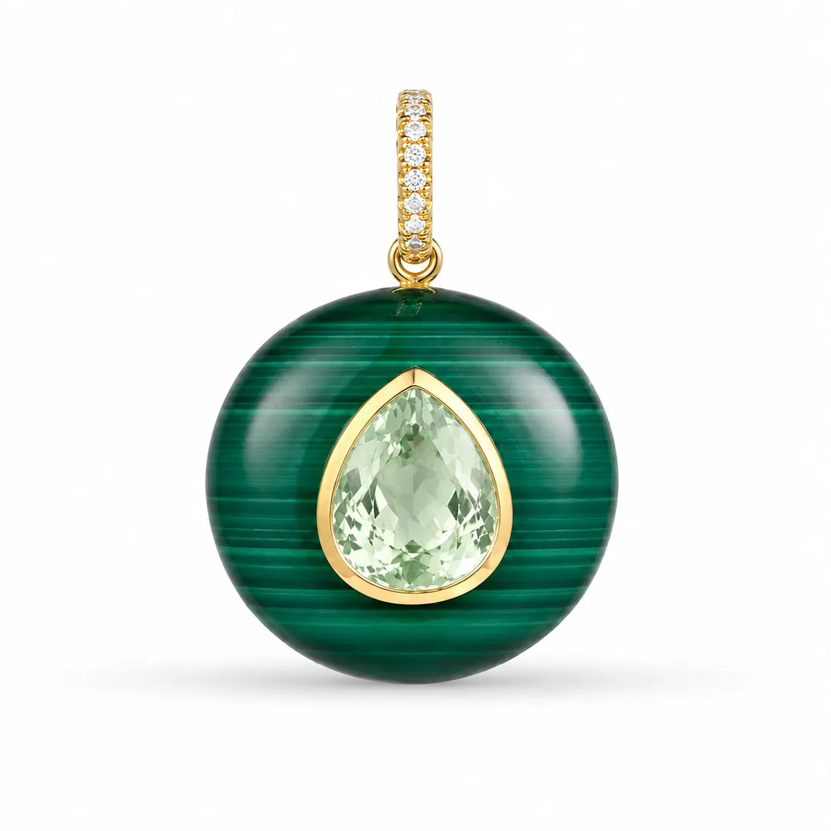 Malachite and green amethyst gemstone charm with diamond attachment and polished gold setting