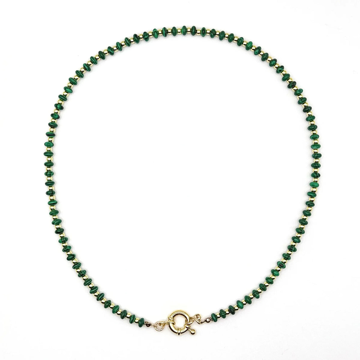 Malachite Muse necklace by Mama Bijoux x Isla Sol featuring natural malachite gemstone beads, 18k gold accent beads, and a gold filled clasp.