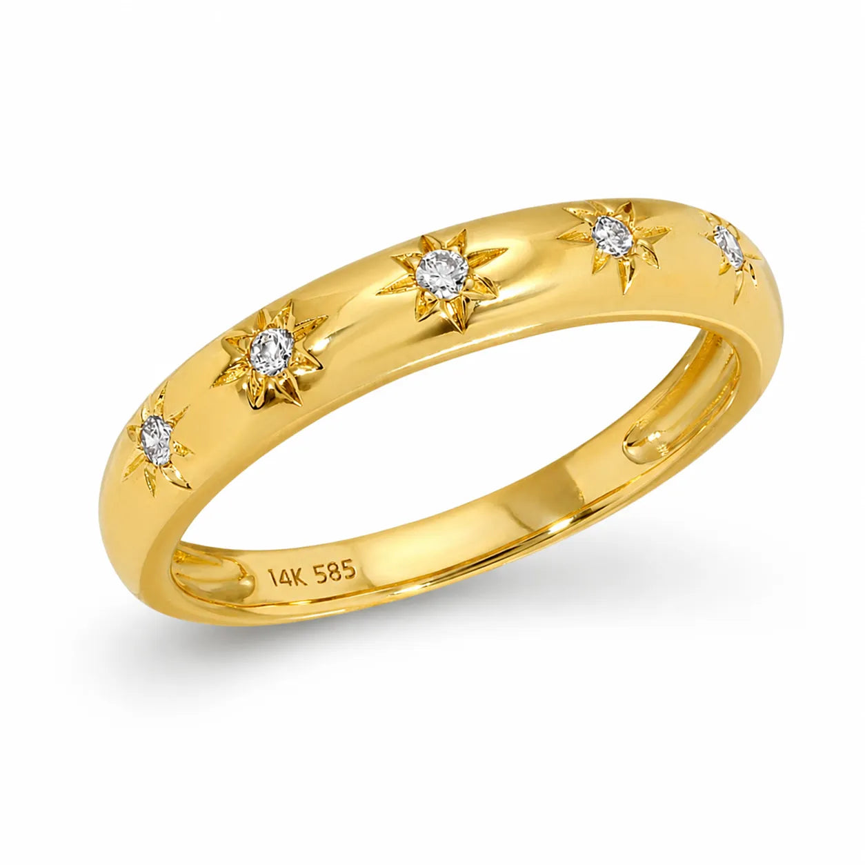 14k yellow gold celestial star set diamond ring with natural diamond accents and star engraved settings, dainty stacking ring and pinky ring, Mama Bijoux fine jewelry Costa Mesa