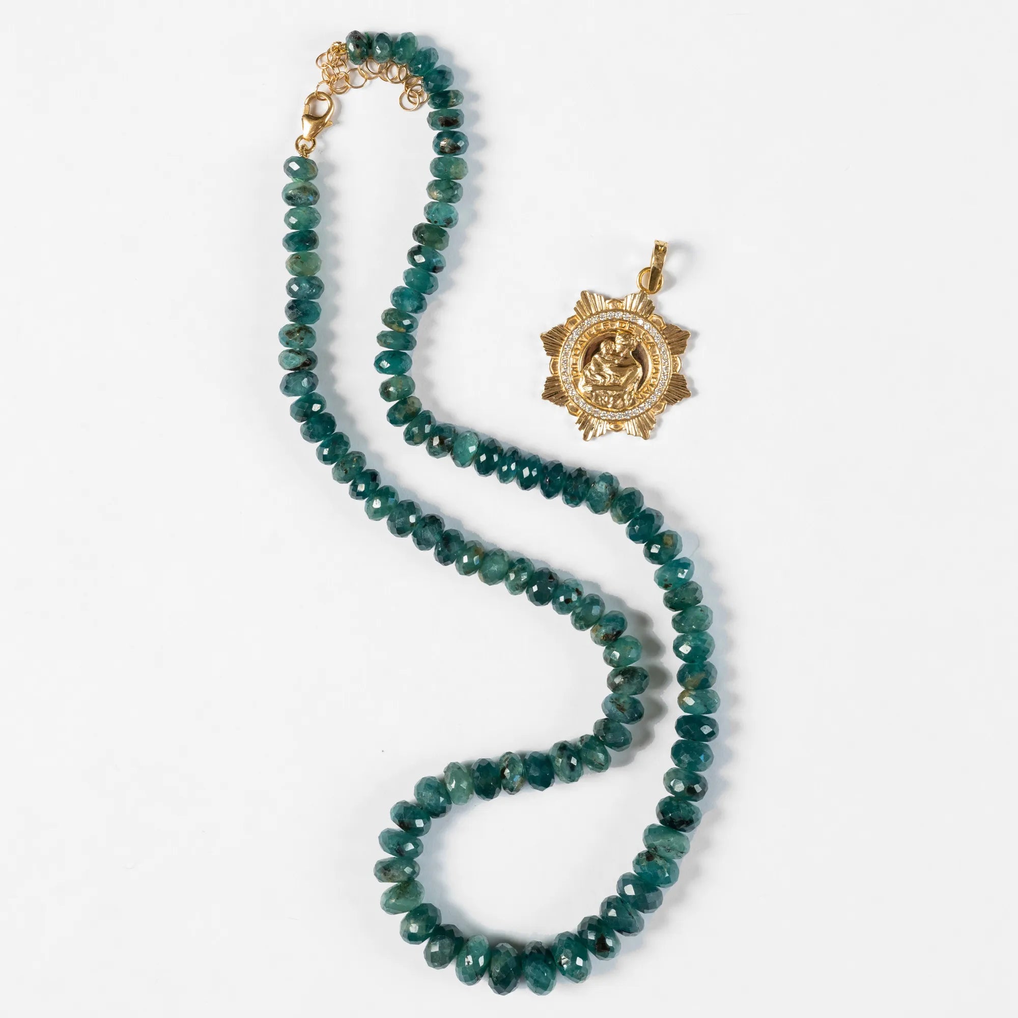 Faceted grandidierite bead necklace with 14k yellow gold diamond halo saint medal pendant, handcrafted fine jewelry at Mama Bijoux Costa Mesa