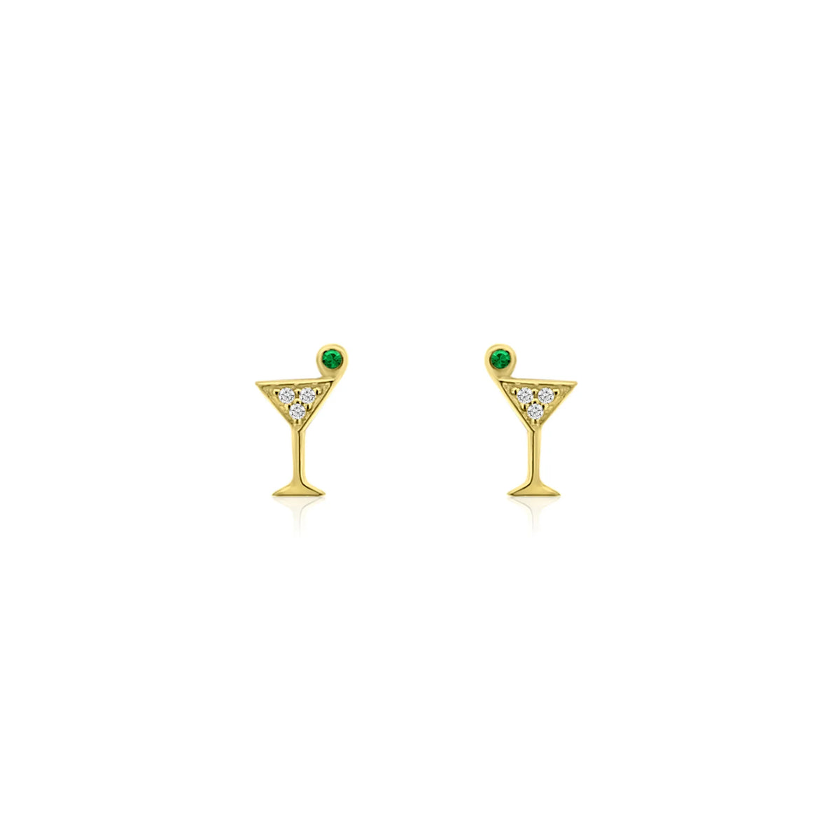 Martini stud earrings, gold cocktail glass earrings, natural diamond, natural emerald, fine jewelry, handmade earrings, Costa Mesa California, Orange County jewelry